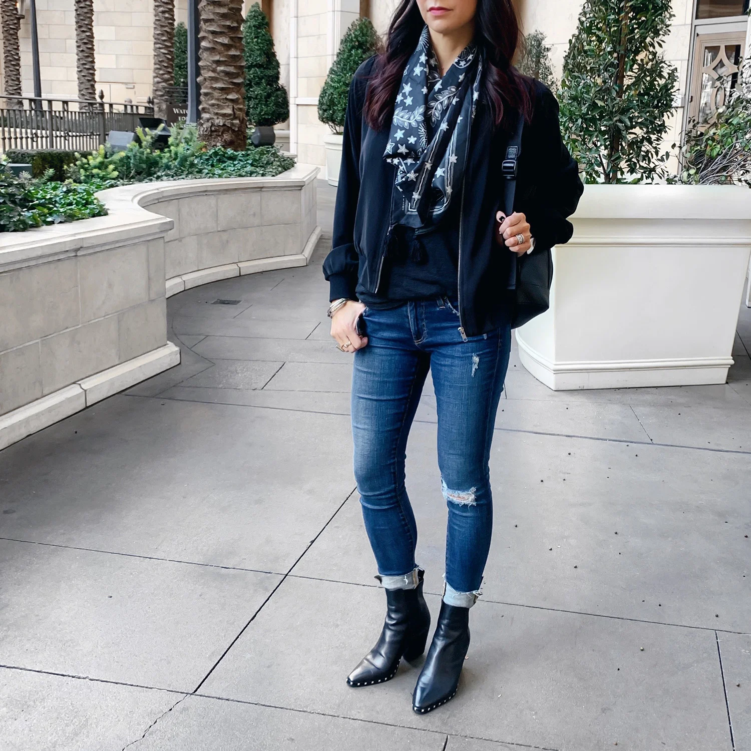 Bomber Jacket | Madewell T-Shirt | Rebecca Minkoff Scarf | AG Jeans { similar } | Tony Bianco Boots