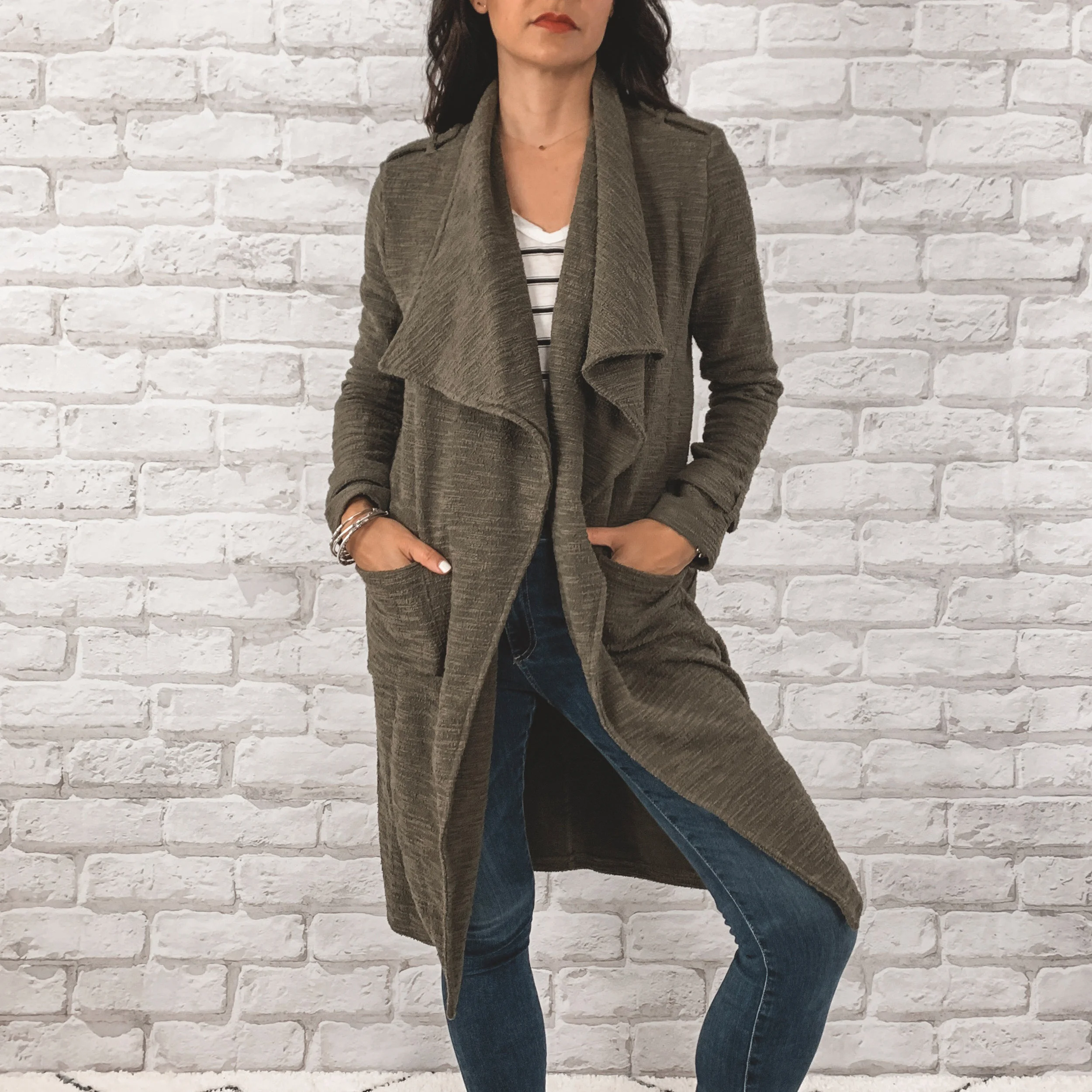 — OUTFIT DETAILS — BB Dakota Drape Front Coat {Anniversary Price: $86.80 | After Sale: $130 | Wearing: Extra Small|} | BP. Raw Edge Tee {Anniversary Price: $15.90 | After Sale: $25.00 |Wearing: Small} | AG Farrah High Waisted Skinny Jeans {Anniversary Price: $149.90 | After Sale: $225.00 |Wearing: 26} — CCW DETAILS — Blacksmith Tactical Holster with UltiClip | Glock 43
