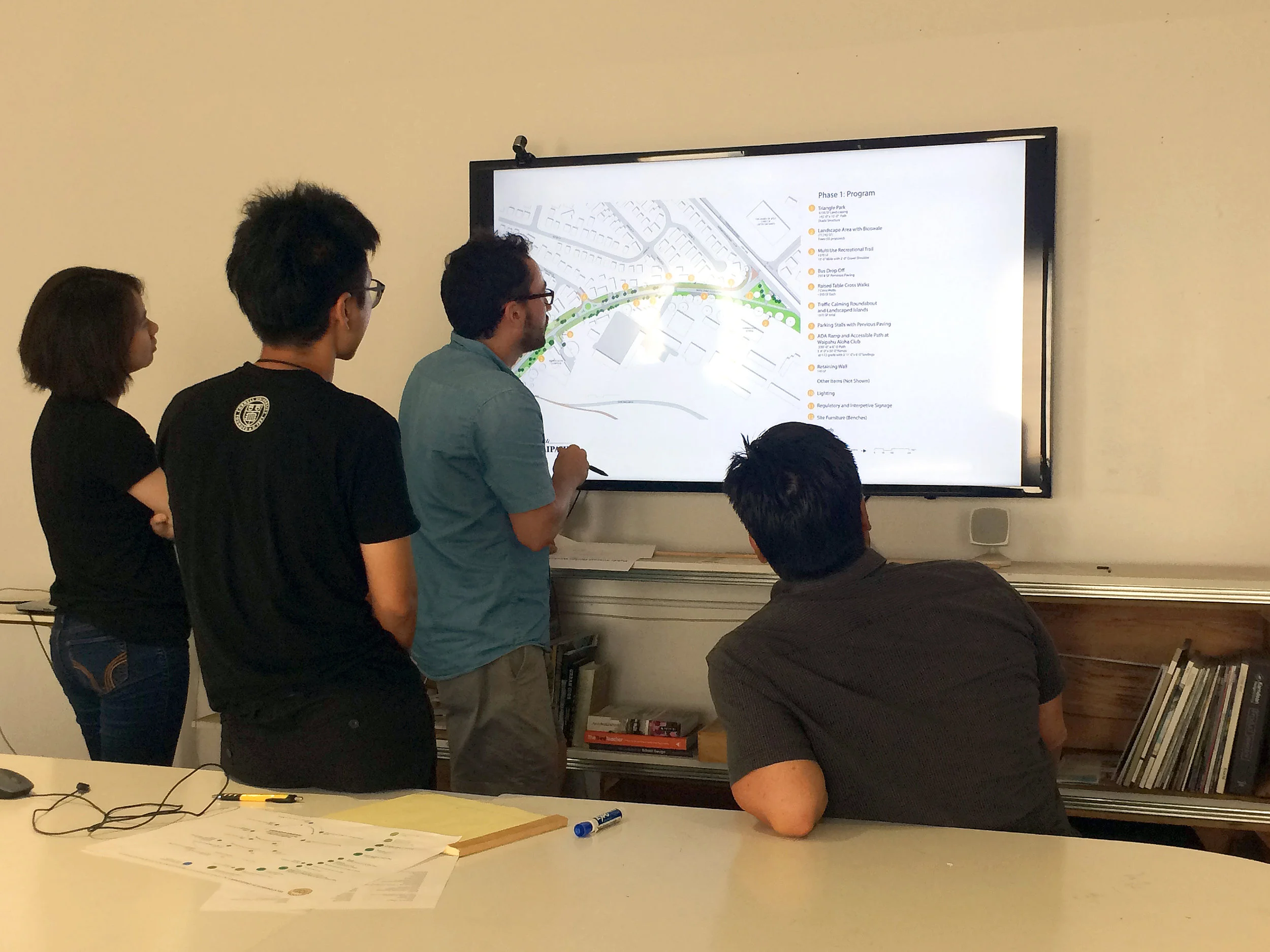 Summer Fellows and Dean Sakamoto reviewing drawings of Waipoua access road 