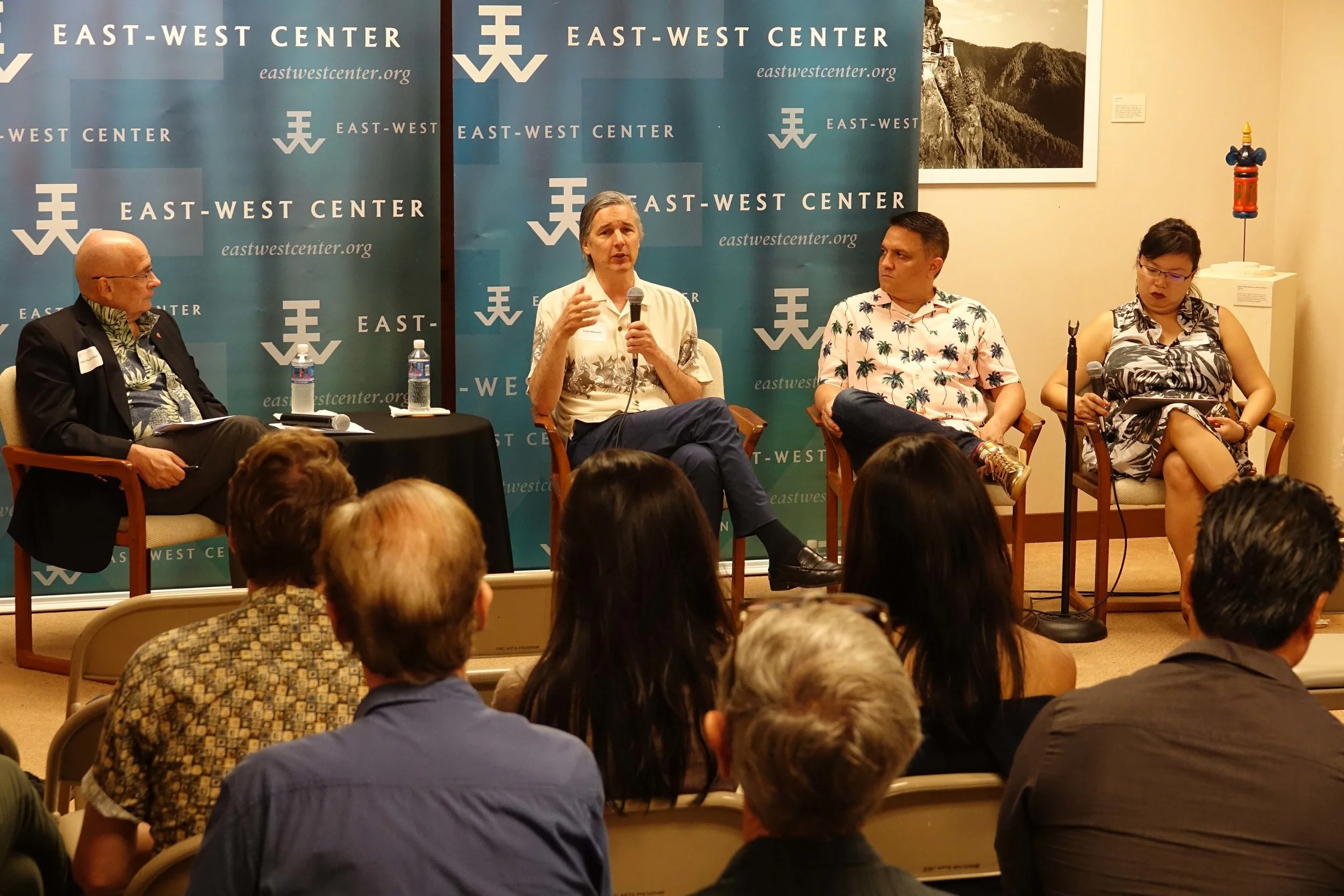 EWC President Richard Vuylsteke and panel speakers Scott Mauvais, Miguel Gamino and Cheryl Chung. Photo credit: Eric Chang, East-West Center