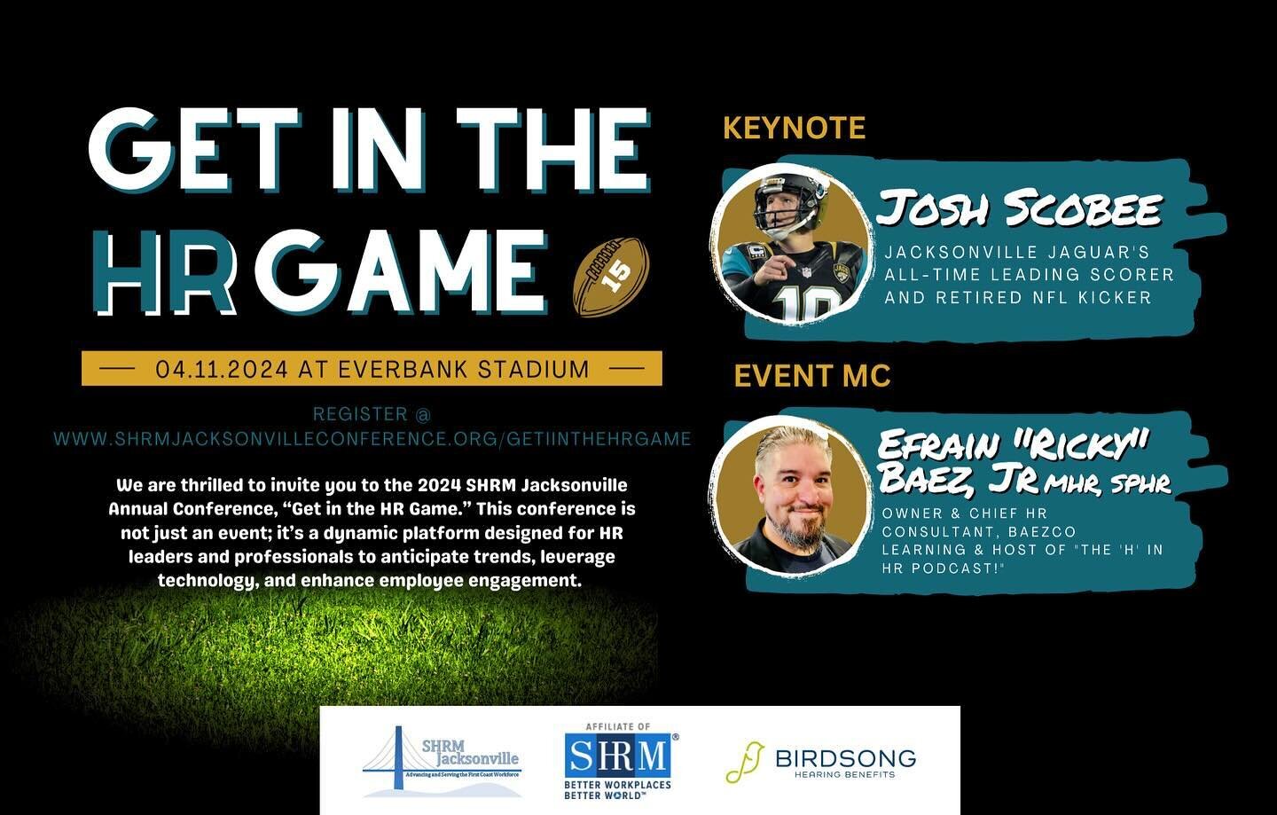 This is happening next week! @rickybhr is the emcee and will conduct a &quot;fireside chat&quot; with Jacksonville Jaguar's very own retired NFL Kicker Josh Scobee! 

Tickets are still available at: https://www.shrmjax.org/events/register.aspx?id=181