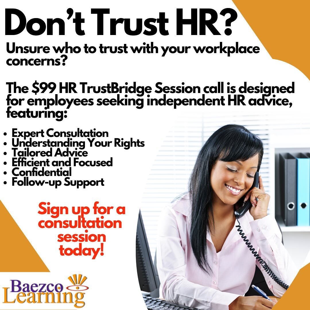 The **HR TrustBridge Session** offers a targeted solution for employees seeking immediate and expert HR guidance. For a flat fee of $99, you can access a confidential, one-on-one discovery call with an independent HR professional with over 10 years o