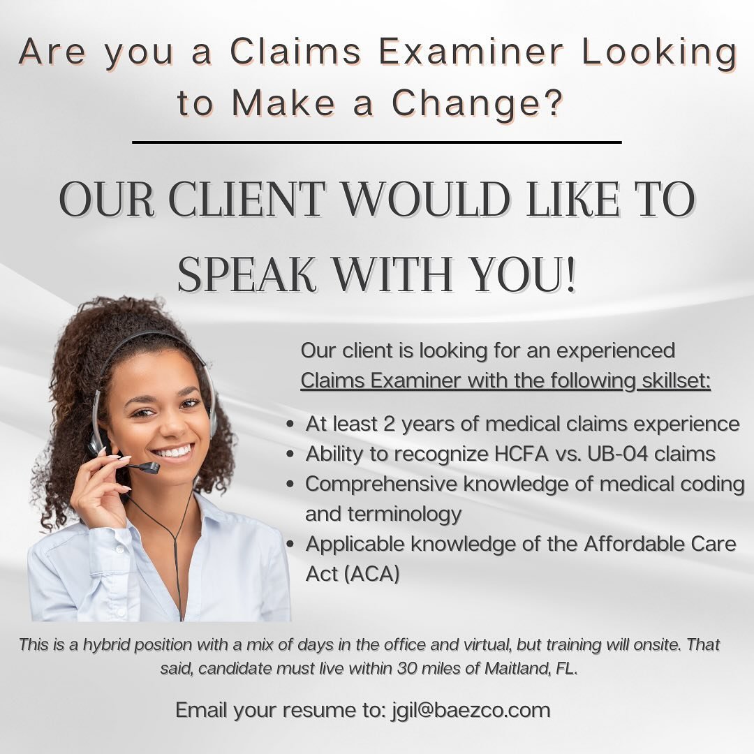 Pssst..... Hey you.

Yes you. 

Are you a Claims Examiner looking for a change? 

Do you live in the Central Florida area? 

Do you have at least 2 years of medical claims experience? 

Our client would like to talk to you!

Email your resume to jgil