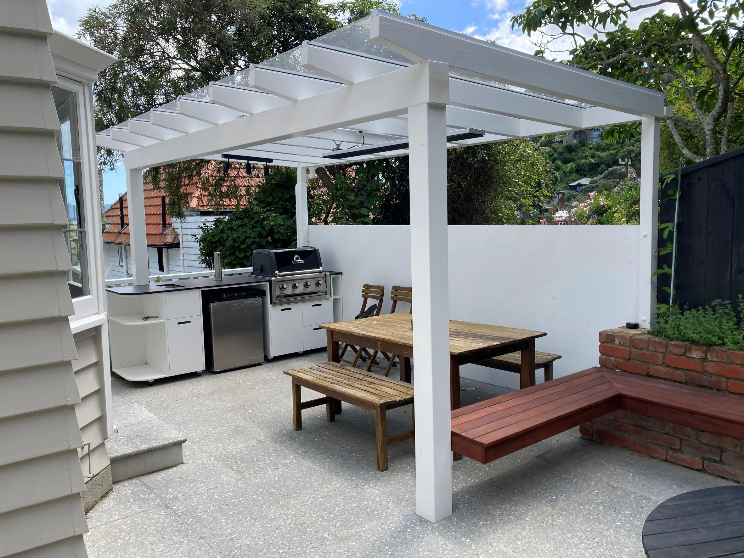 Pergola, paving, seating designed and constructed by Groundplanz