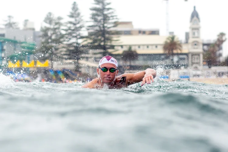 Athletes competing in the swim at the Glenelg Sprint Challenge