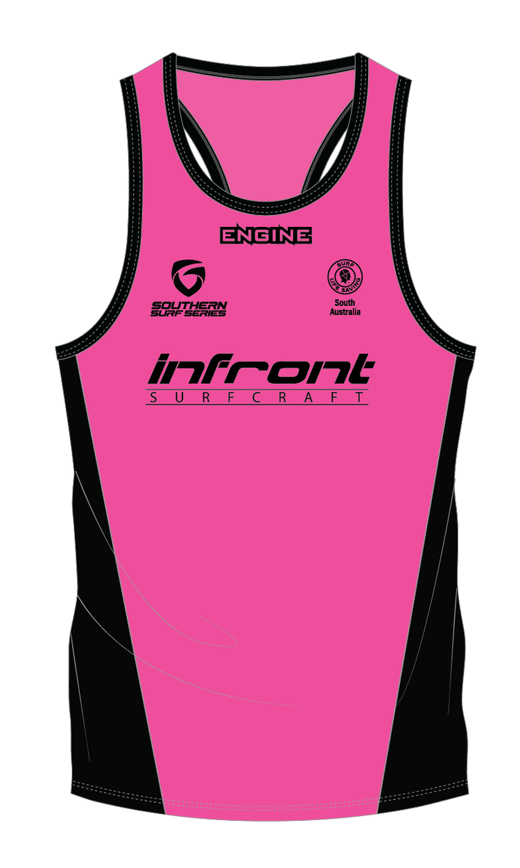 Pink Infront Southern Surf Series competitor high-vis singlet