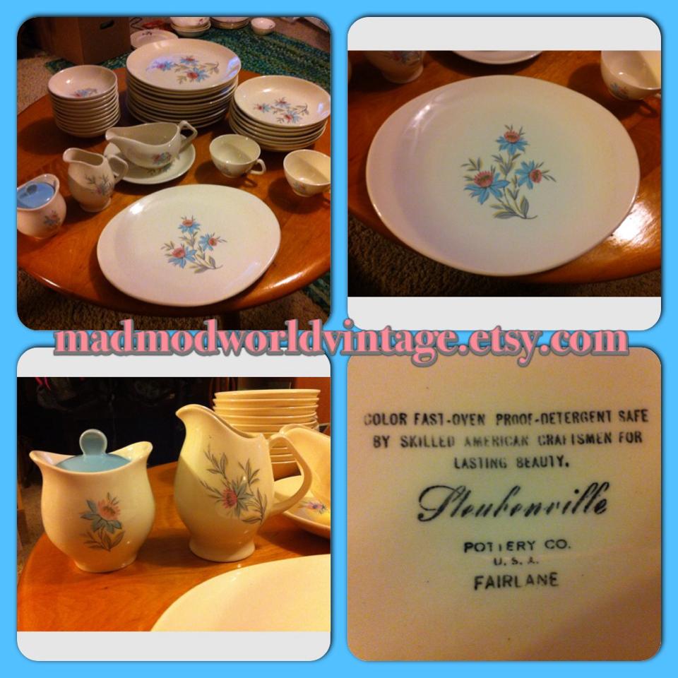 Steubenville Pottery "Fairlane". This is probably the largest set I have right now. I also added the tea pot and butter dish which is not pictured. Steuebenville is MOST famous for their Russel Wright designed line of china which is totally fab and highly collectable. I have found one piece of it, the base to a covered dish, which is chipped, but I have kept it for research purposes!