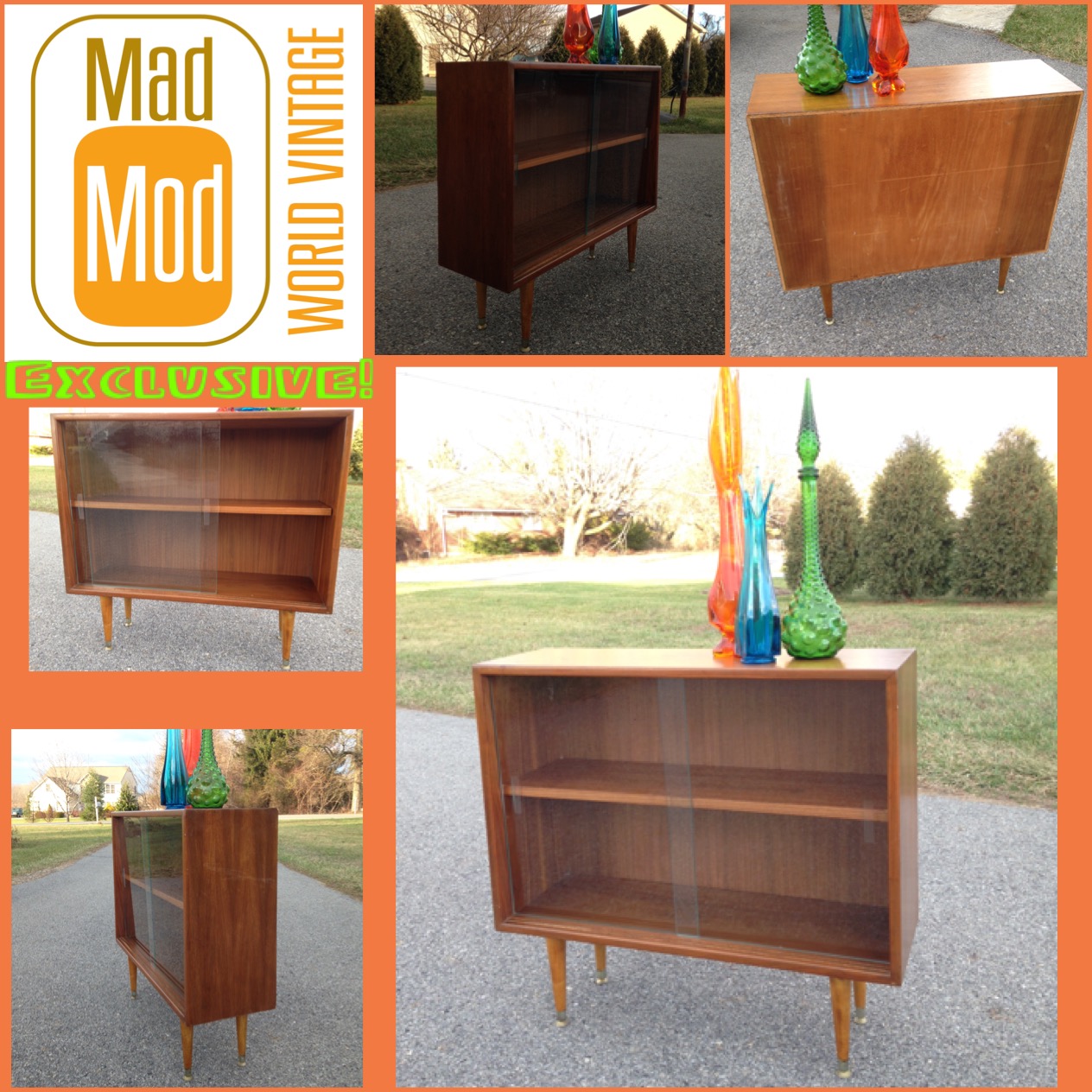 Adorable teak veneer bookcase with adjustable shelf. Just of a few awesome casework pieces available for purchase at Fleetwood Antique Mall at Mad Mod World Vintage! My personal stretch glass collection…but I do have a matching pair of blue Viking Glass pieces packed to go!