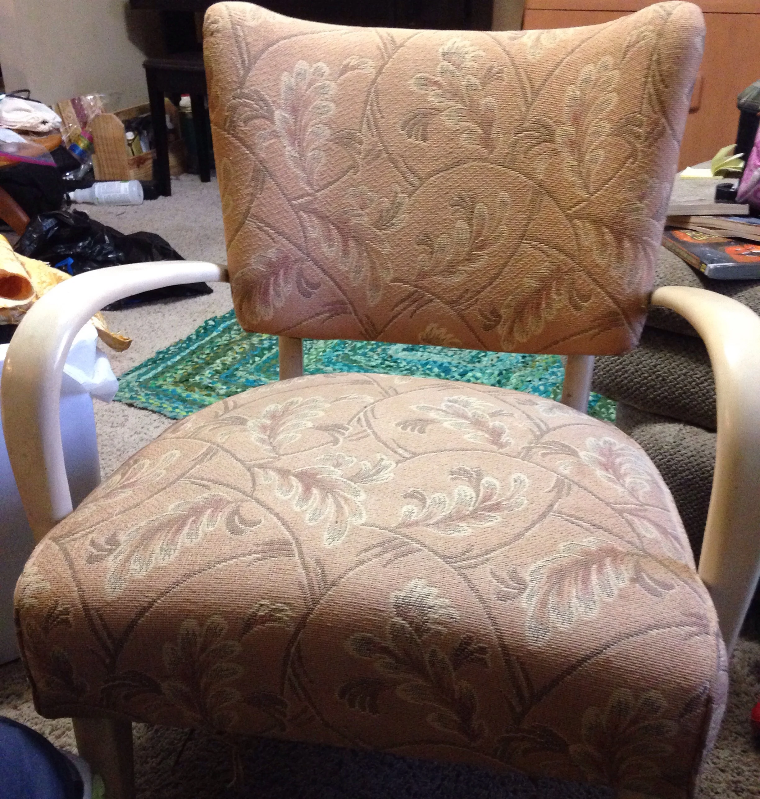 A single chair that is available to be customized if you let me know soon. Otherwise I will probably be going with a warm orange tweed. Yes, the wood was painted so will be redoing it all back to champagne.
