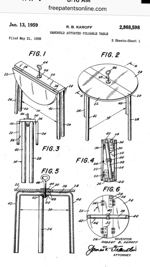 Blueprint sketch of the table as submitted with the patent.