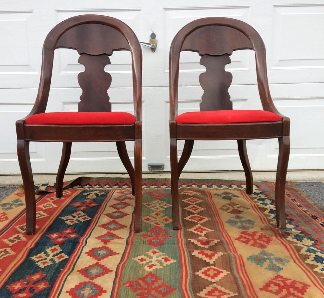 A very pretty pair of Empire era accent chairs. These date to the late 1800s and have such great lines, I can see them blending well in a mixed era home. The red velvet is a recover and in ok shape but that can easily be changed out to match your decor. Condition is shabby, some chips and age related wear. One has a repair on the back. This vintage is best left untouched. They are charming! I picked up the rug as well. It will not be for sale at this time. 