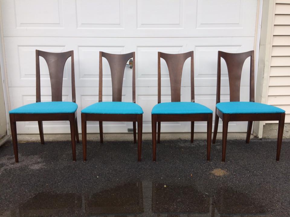 These Broyhill Premier line beauties go with Brasilia, Saga and Sculptra series sets. Looks great with any dark walnut modern table. Use your imagination! Perfect for a formal dining area, they are classy and sleek. Refreshed finish, new glides, new covers featuring Joybird fabric in PURE WATER. This bright aqua brings fun to your space and compliments MCM decor wonderfully! NOW AVAILABLE in the Etsy shop, chairish listing is in process. I can BUS SHIP this set for $150 or less! Reach out!