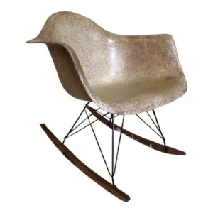 Iconic eames fiberglass shell found and refreshed. Added a gorgeous reproduction rocker base from modern conscience. This early shell dates between 1951 and 1953. It truly is a treasure and an amazing room accent everyone will recognize.