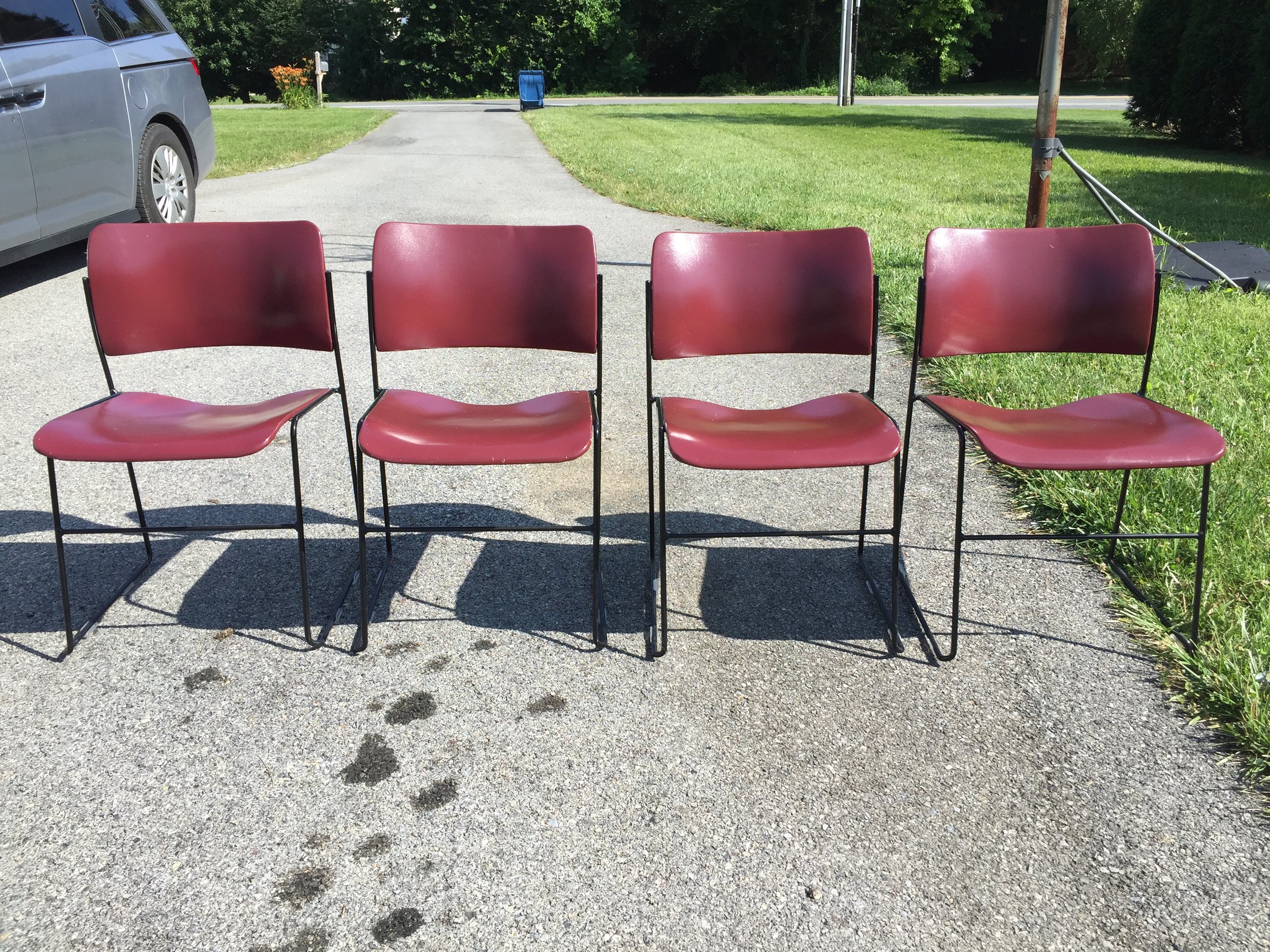 We are for sale! $100 cash, pick up or meet. Davis RoWland 40/4 stacking chairs, all steel. Perfect for dining or commercial use. All oem floor glides. I used these at my own table.