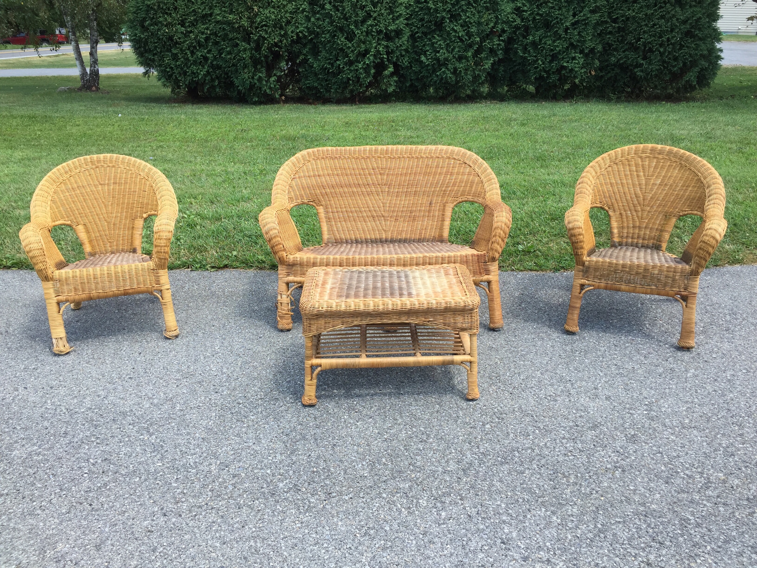 Great wicKer set. All wood/reed construction perfect for a sun porch, den, florida room and more. Can be painted If you’d like. Use with or without cushions. I sUspect you may be able to find pre made to fit or Use the ORIGINALS as a pattern to diy. This set can be split! Let’s talk anout it. Price tbd.