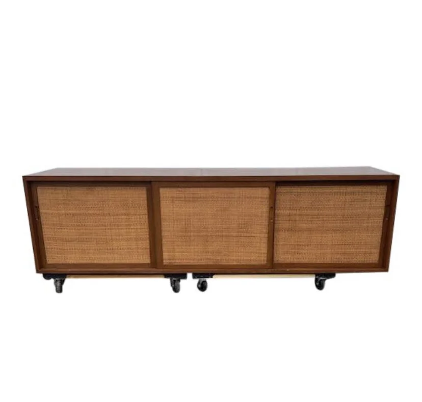 Floating credenZa wall mounts.  Cane fronts, shelves oN sides, drawerS in center.