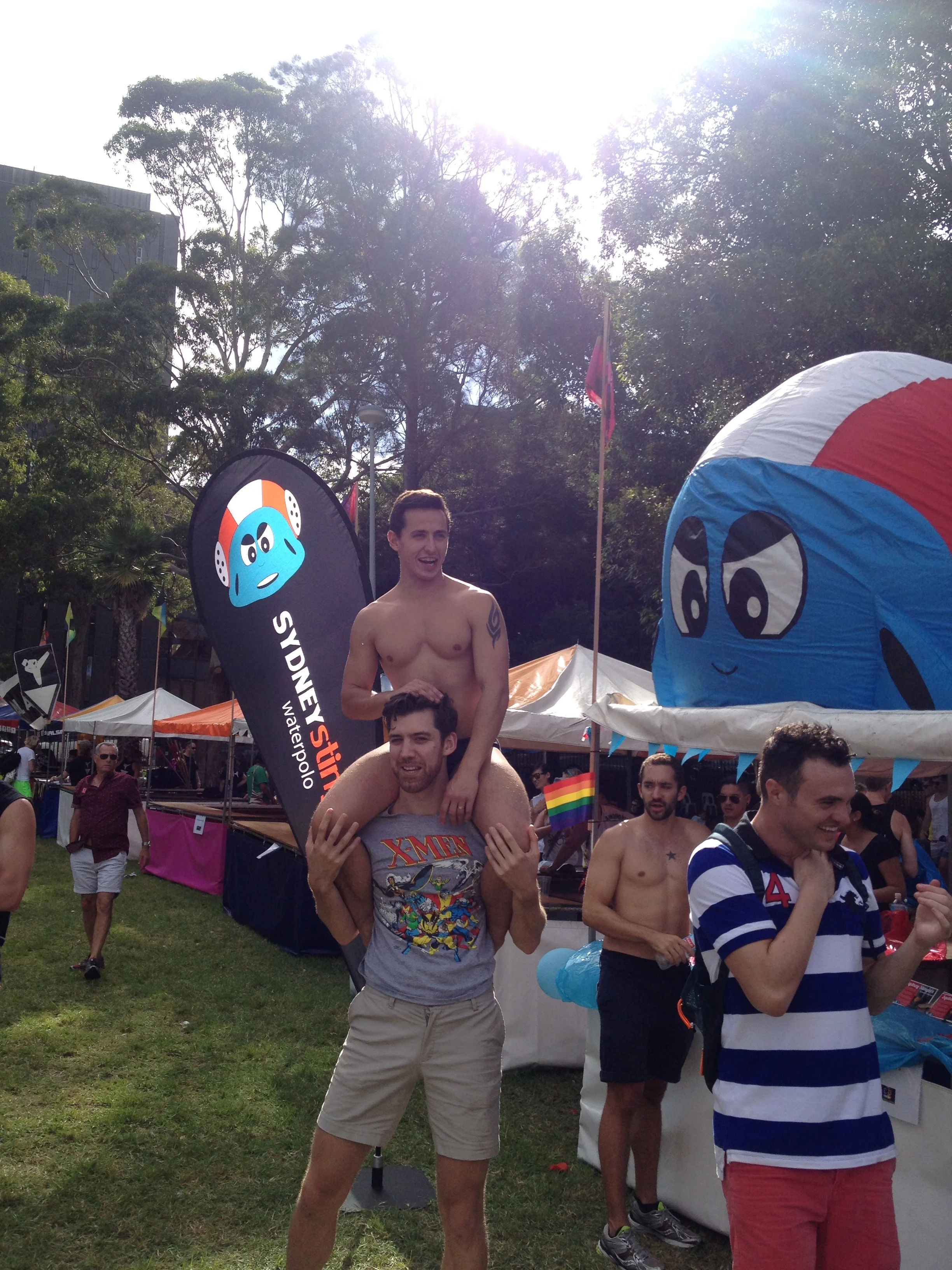 Sydney Stingers members with inflatable mascot at Mardi Gras Fair Day