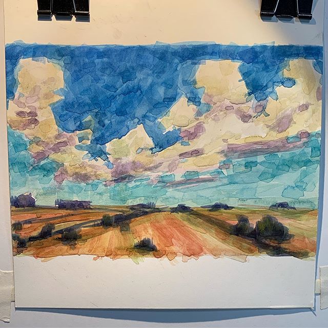 Playing around with watercolors using them like I do with soft pastels. Really loving being able to paint loosely and how it layers on hot press paper. #watercolor #instaart #danielsmithwatercolors #picoftheday #landscapepainting #cloudpainting #inst