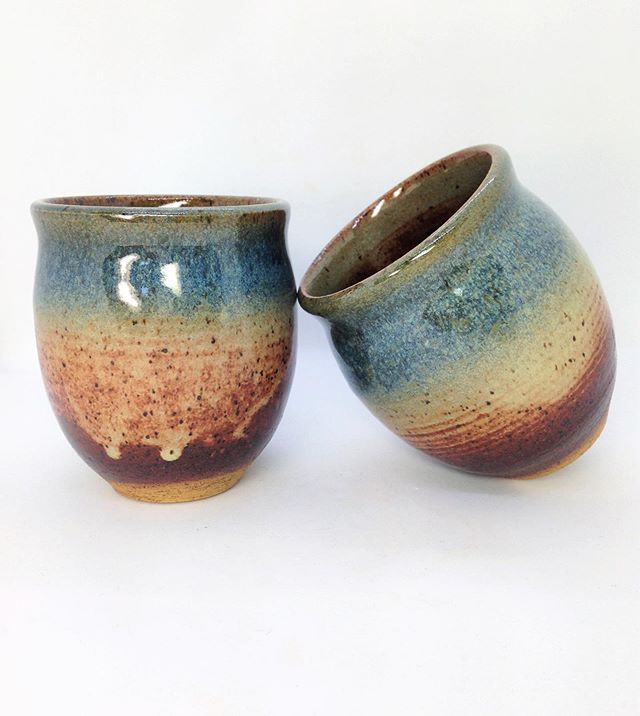 Fresh out of the kiln! I&rsquo;m loving this color combination on the speckled clay. The only downside is that where the glaze is light on the bottom it has a textured feel to it. I plan on retrying a new set with more glaze on the bottom as well as 