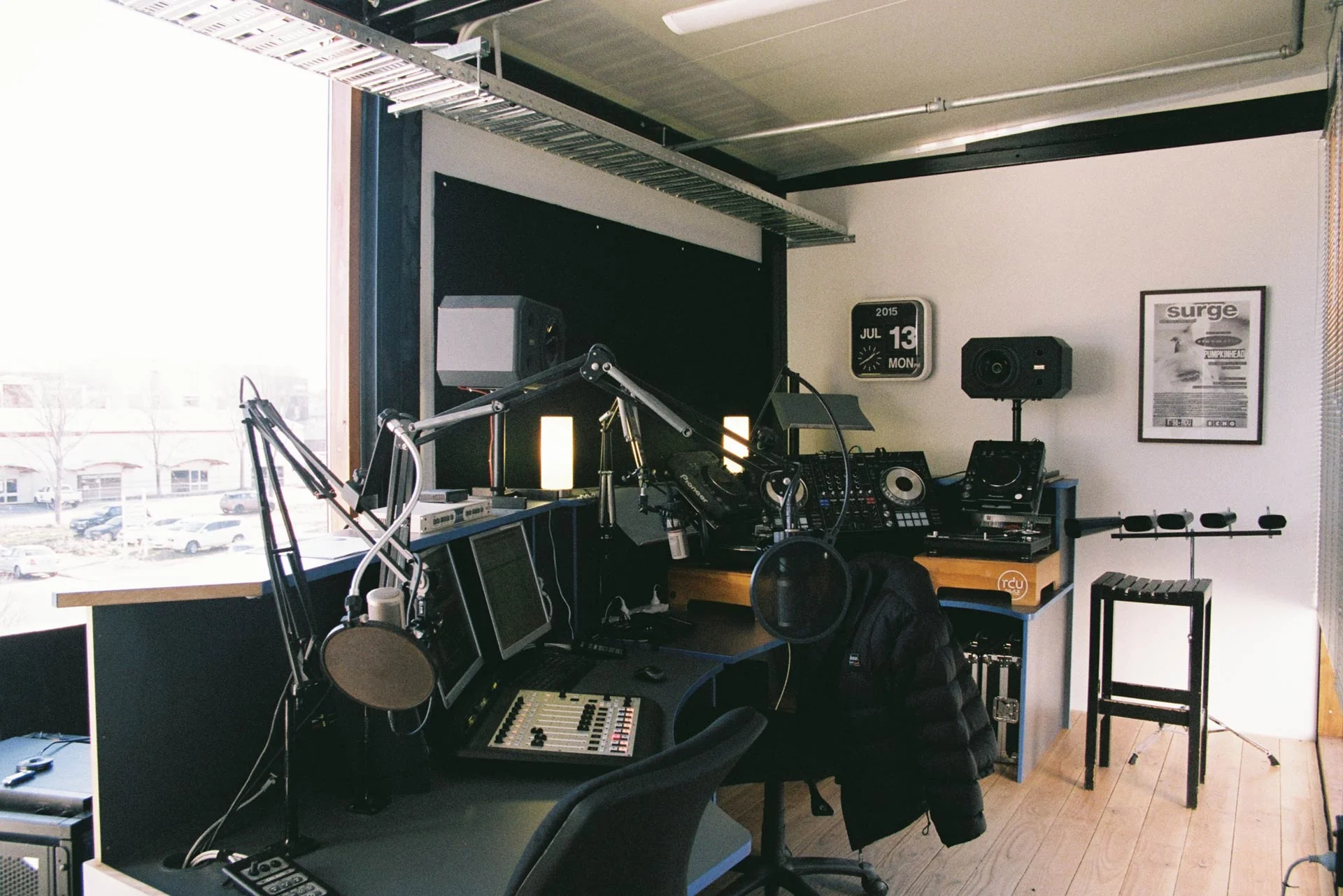 Broadcasting studio.Timber and steel office space.