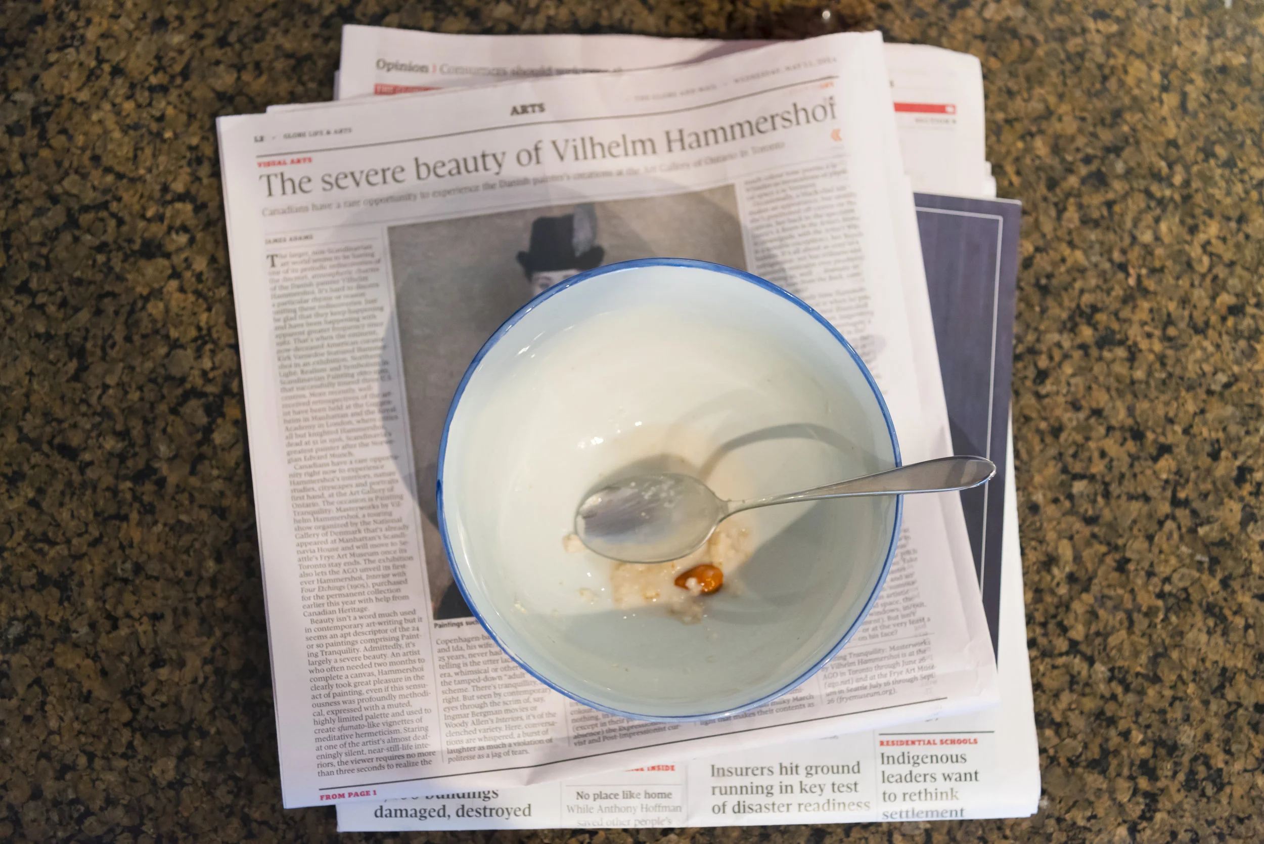 newspapers and tea and oatmeal