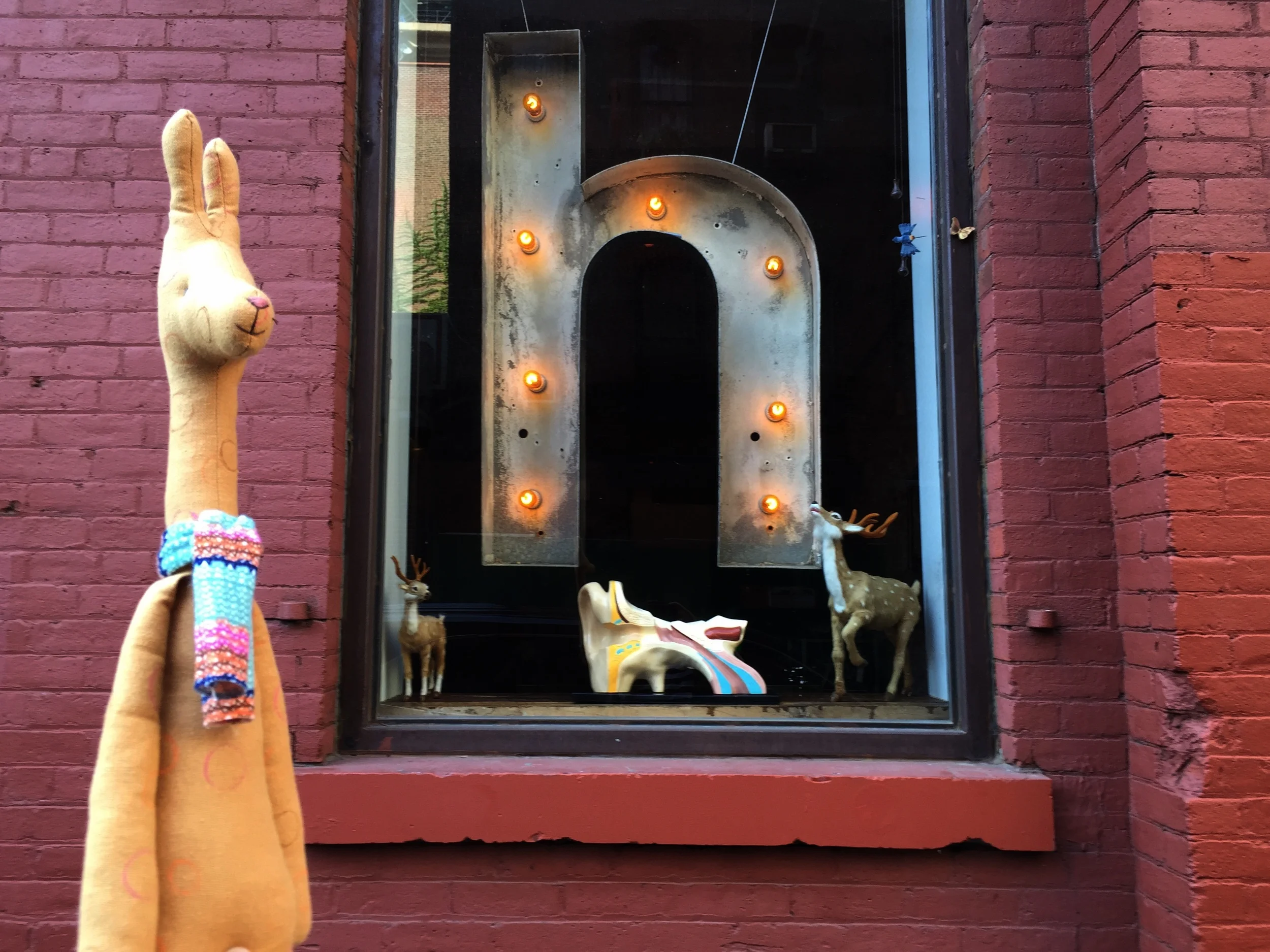 Taken giraffe for walk in DUMBO, Brooklyn. I think he will fit perfectly well with this window display.