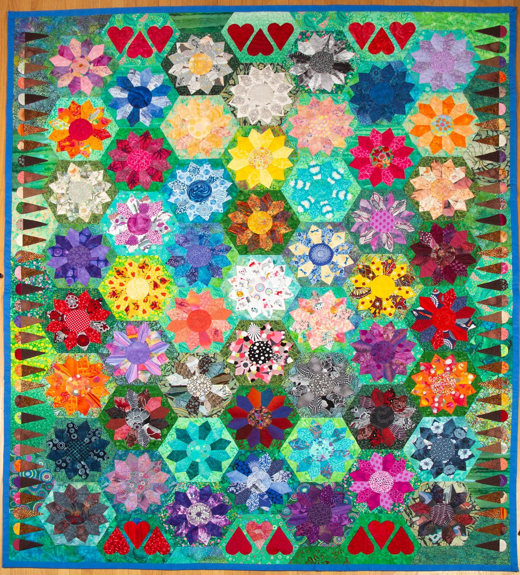  “Raucous bed of salvia” is the phrase that stuck with me over the years and the back of this quilt is especially raucous (but not salvia). 