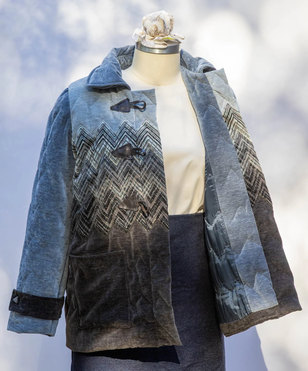  For the second coat, I added three lightweight chenille fabrics in the colors of the original Charlie Brown motif.  Inside there is a thick wool batting and bemberg lining. 