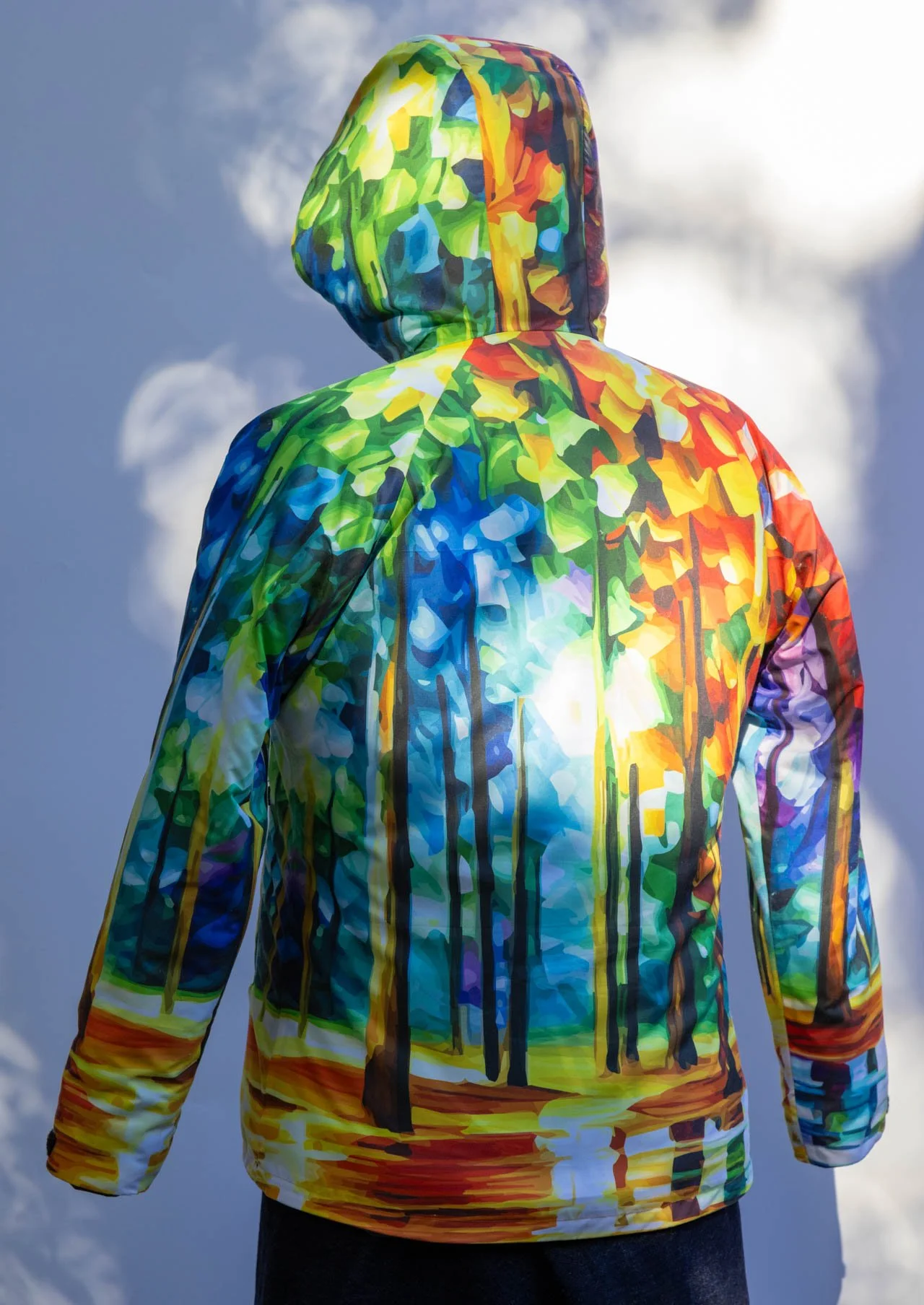 Not being fond of rain or winter, I was looking for some bright and cheery imagery for a weatherproof jacket.  Printing a forest scene in the style of Leonid Afremov on waterproof fabric was a start. 