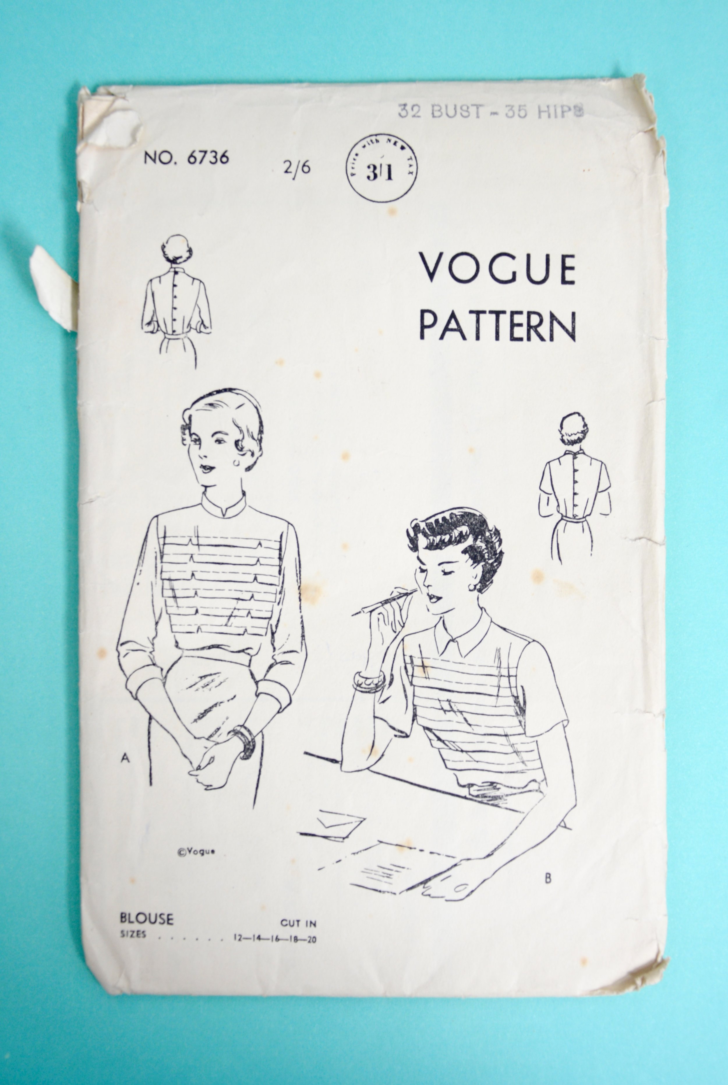 1940s/1950s Vogue blouse pattern No. 6736. Size Small (Bust 32). —, a  brief history