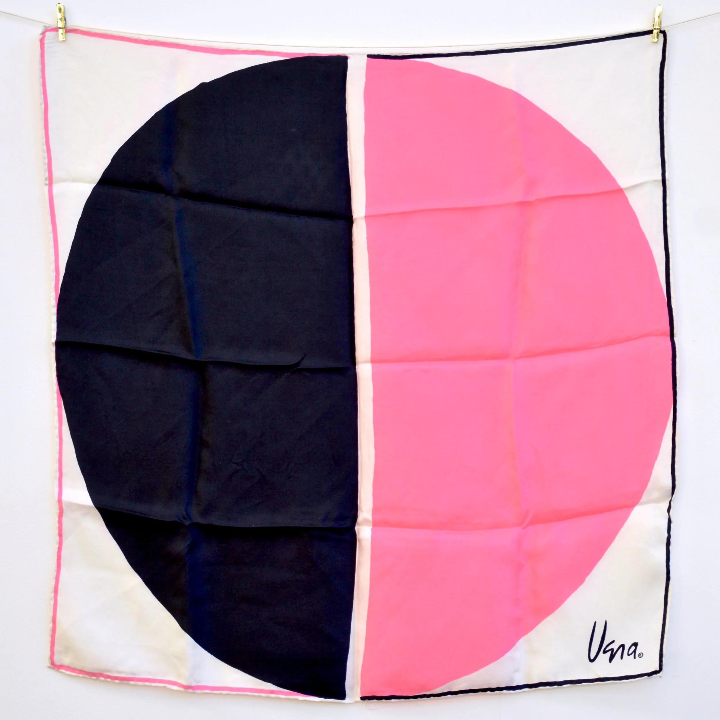 1970s white silk scarf with graphic pink and black dot design