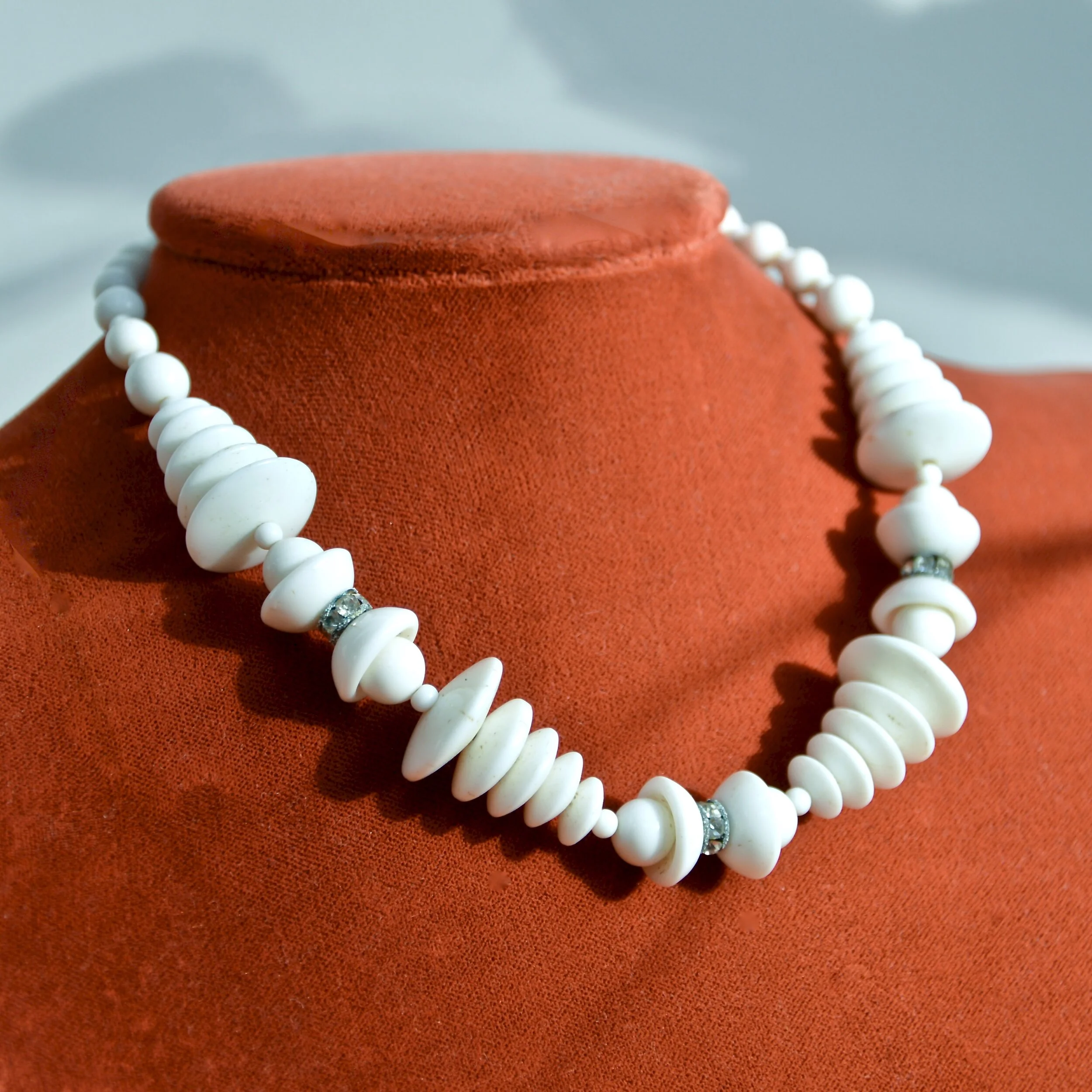 1930s Milk glass, Art Deco necklace with rhinestone rondelles. Japan.