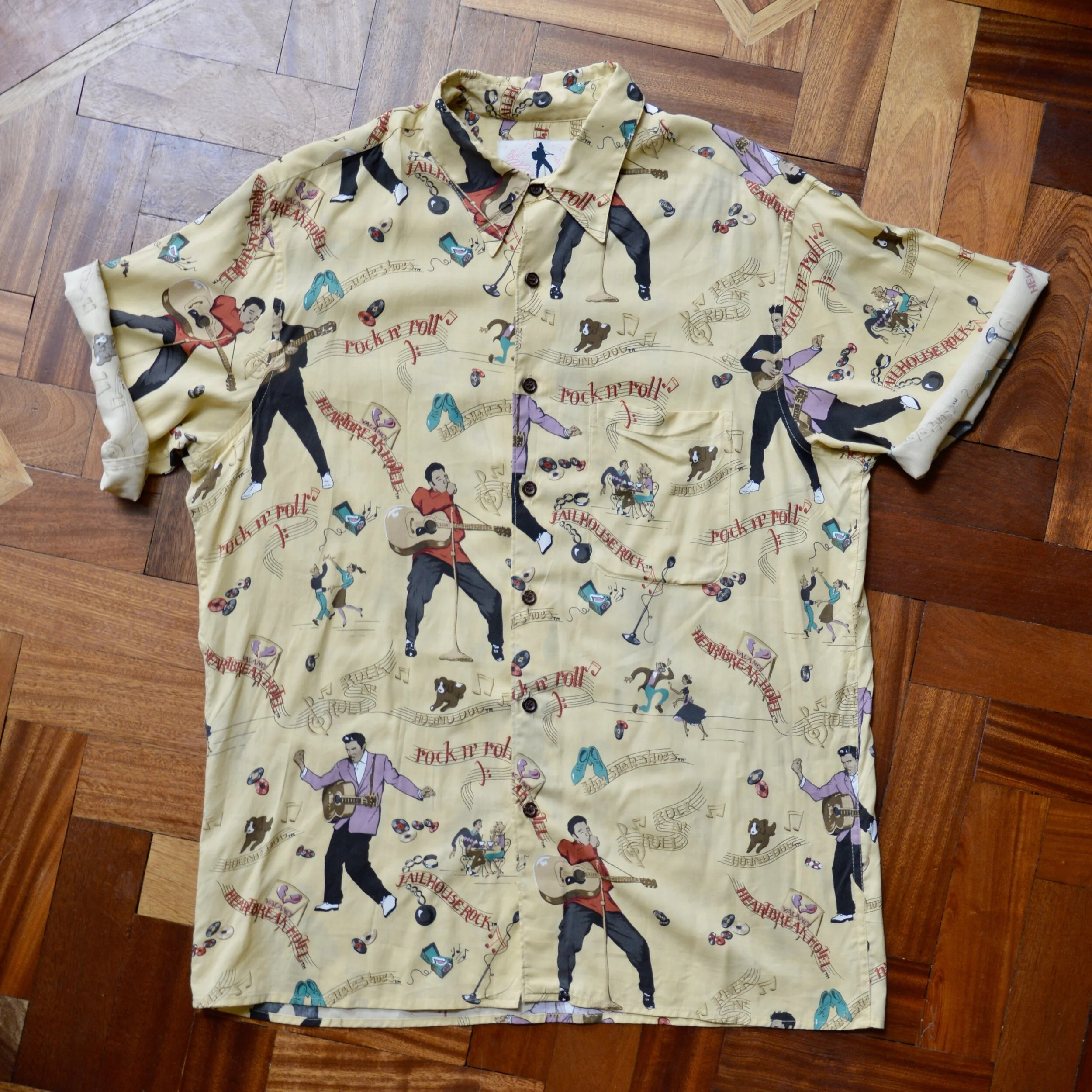 1990s pale yellow Reyn Spooner Elvis Presley button down rayon