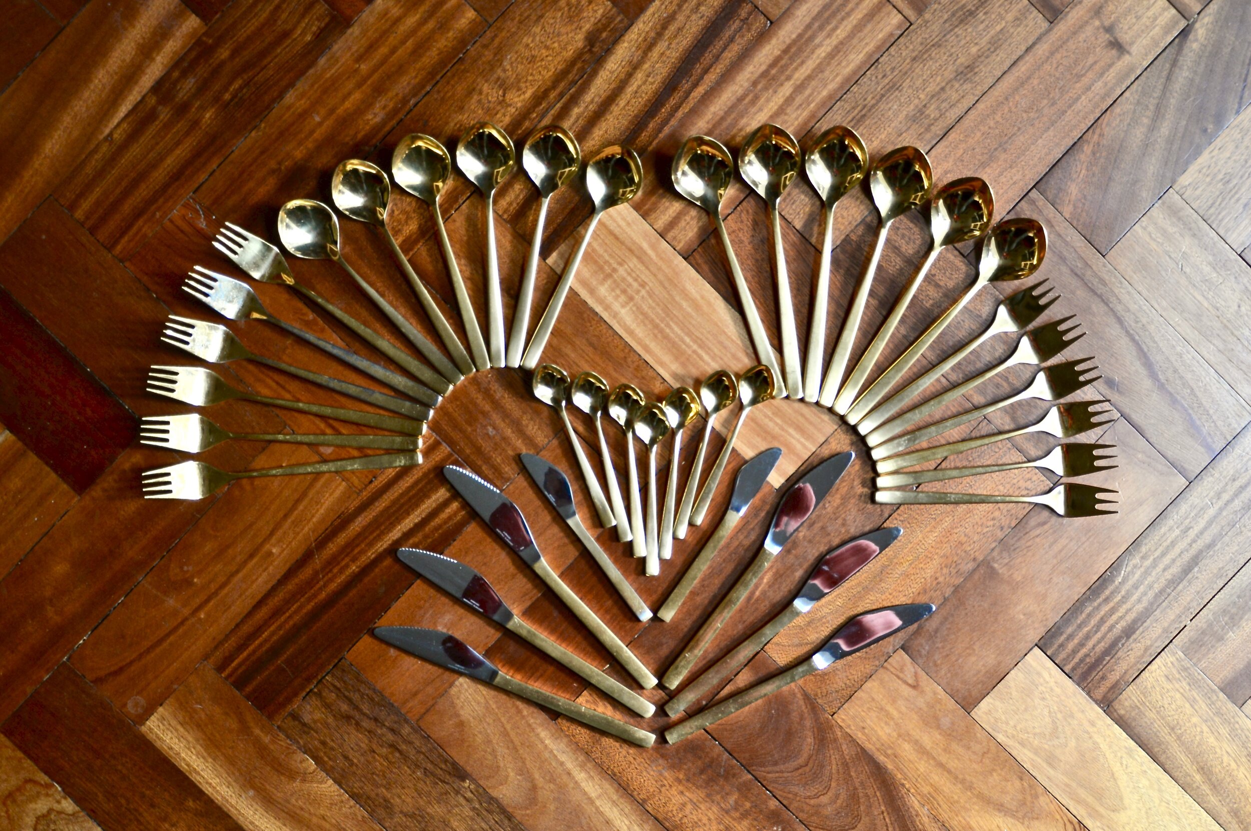 1958 RARE Danish modern GOLD plated flatware set, 33 pieces. Designed by Tias Eckhof for Lundtofte, Denmark.
