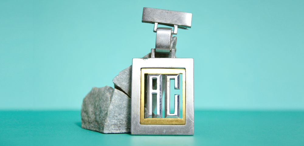 1930s art deco, machine age brooch with initials ac