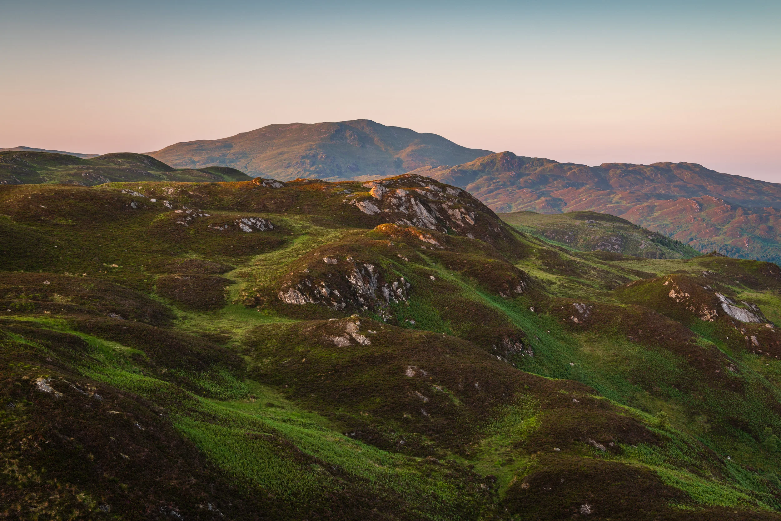 Looking North from Ben A'an on a Beautiful Summers Evening - Loch Lomond and The Trossachs National Park: Nikon D850, Nikkor 24-70 mm f/2.8 at 48 mm, 1/3rd sec at ISO 64, f/8, Lee Filters 2 Stop ND Grad.
