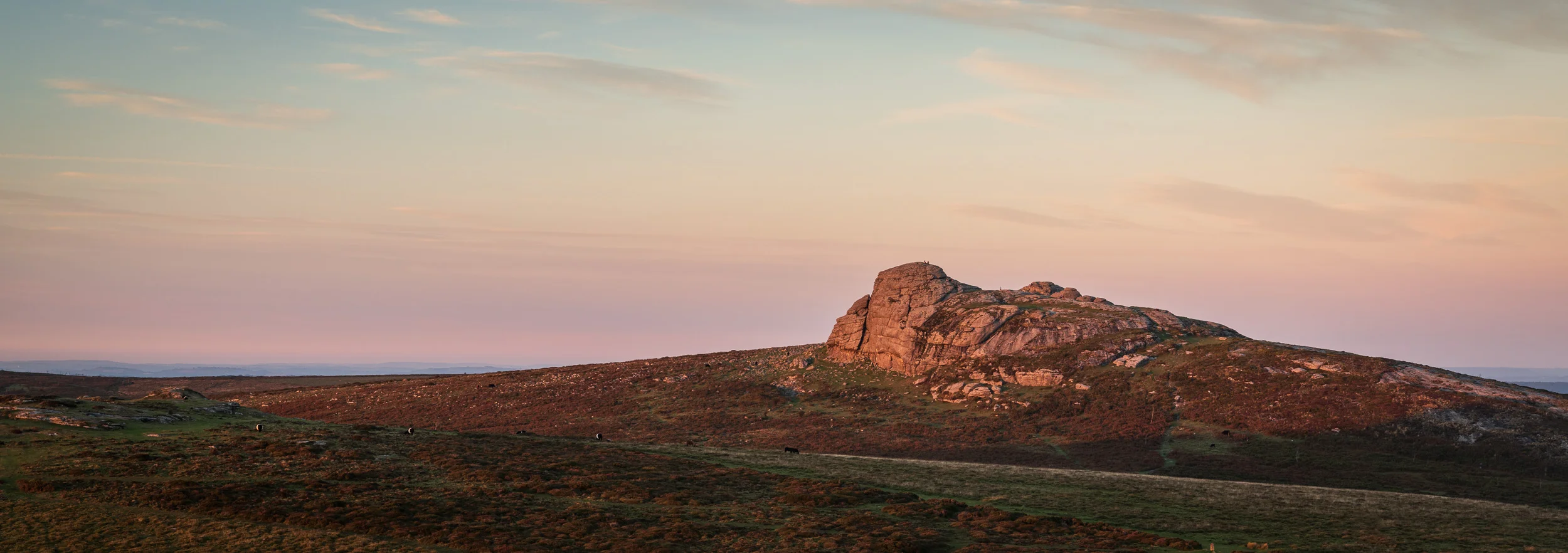 Haytor Rocks at Dusk, Dartmoor, Devon - Nikon D850, Nikkor 24-70 mm f/2.8 at 62 mm, 1/3 sec at ISO 64, f/11. Lee Filters ND Grad, single image crop at 6:17.