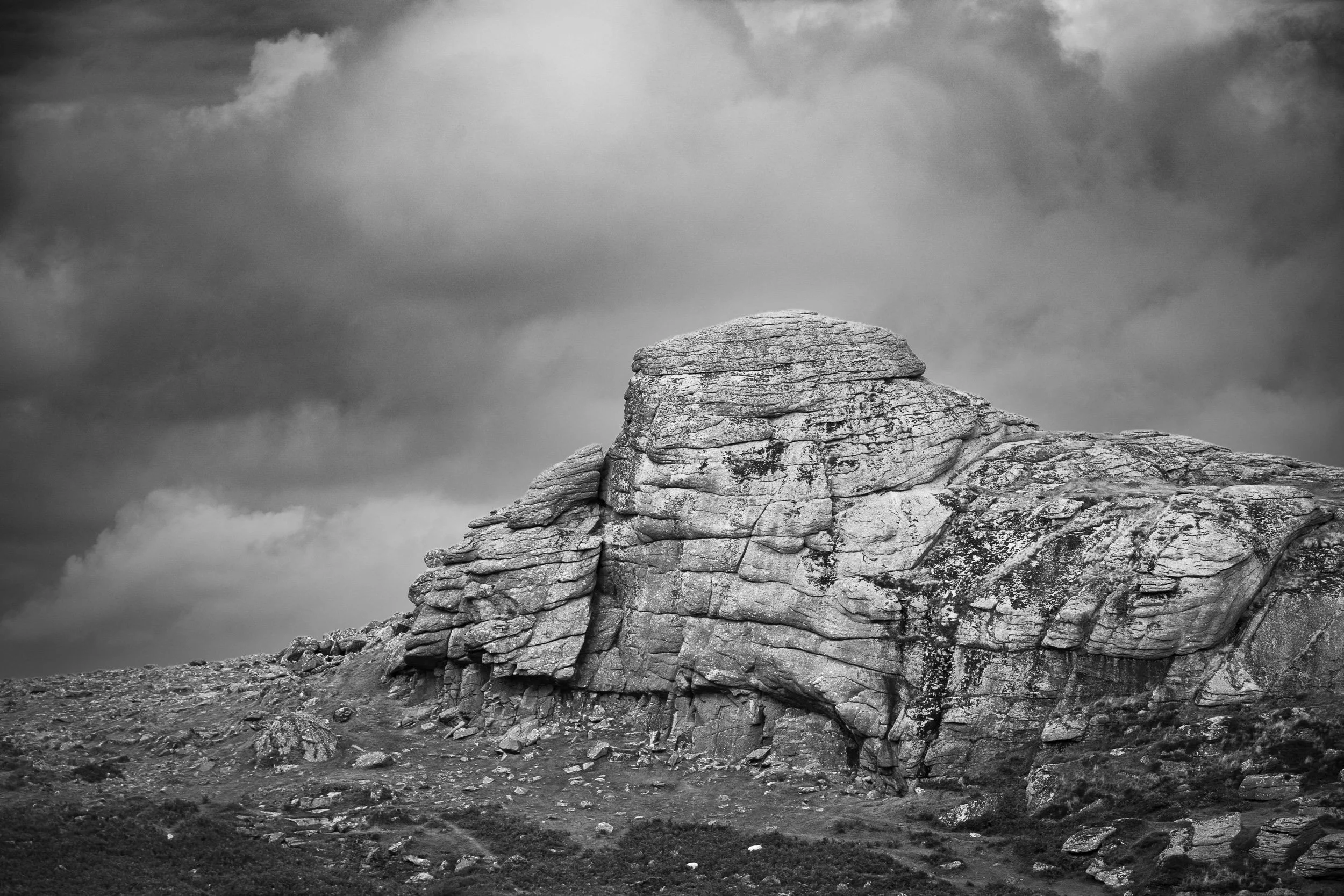 A stormy evening on Dartmoor with Haytor in black and white