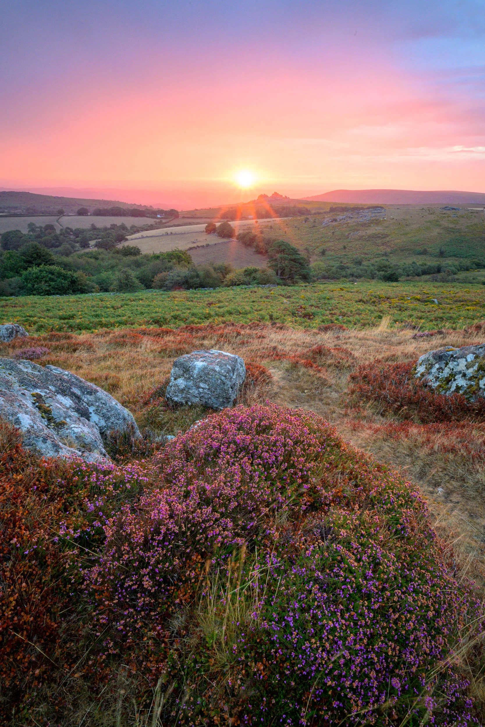 A colourful sunrise at Honeybag Tor, Dartmoor