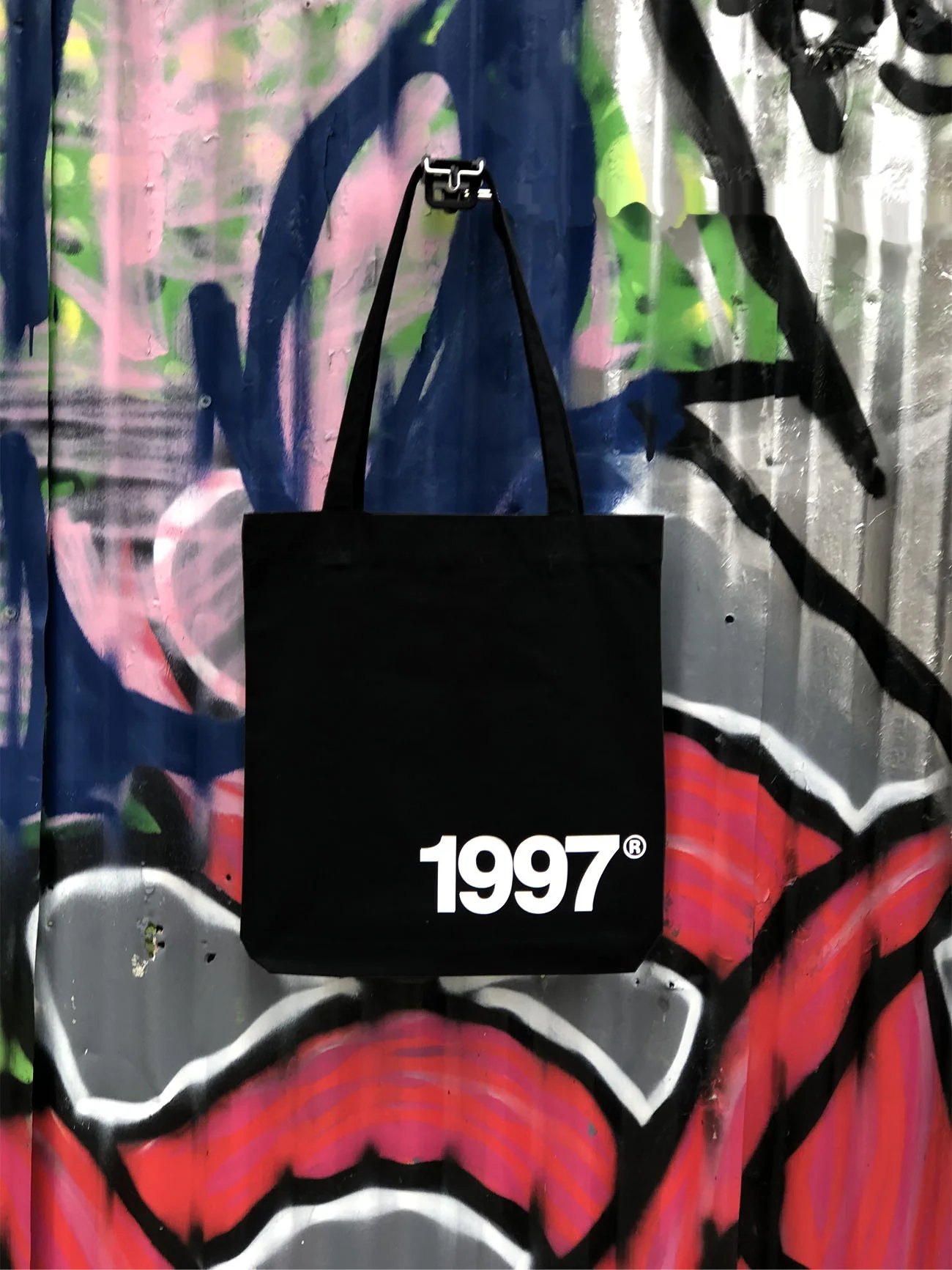 Black tote bag with year