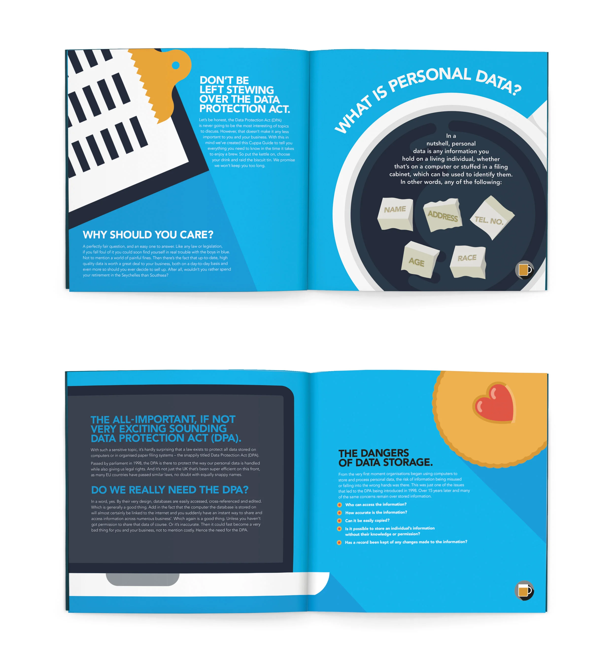 Brochures. Concept. Design. Art direction. To make complicated information easy (and enjoyable) to digest, we created 'The Cuppa Guides.' An easy way to engage and inform staff, in the time it takes to have a cup of tea. Commissioned at Connect. connect-group.com