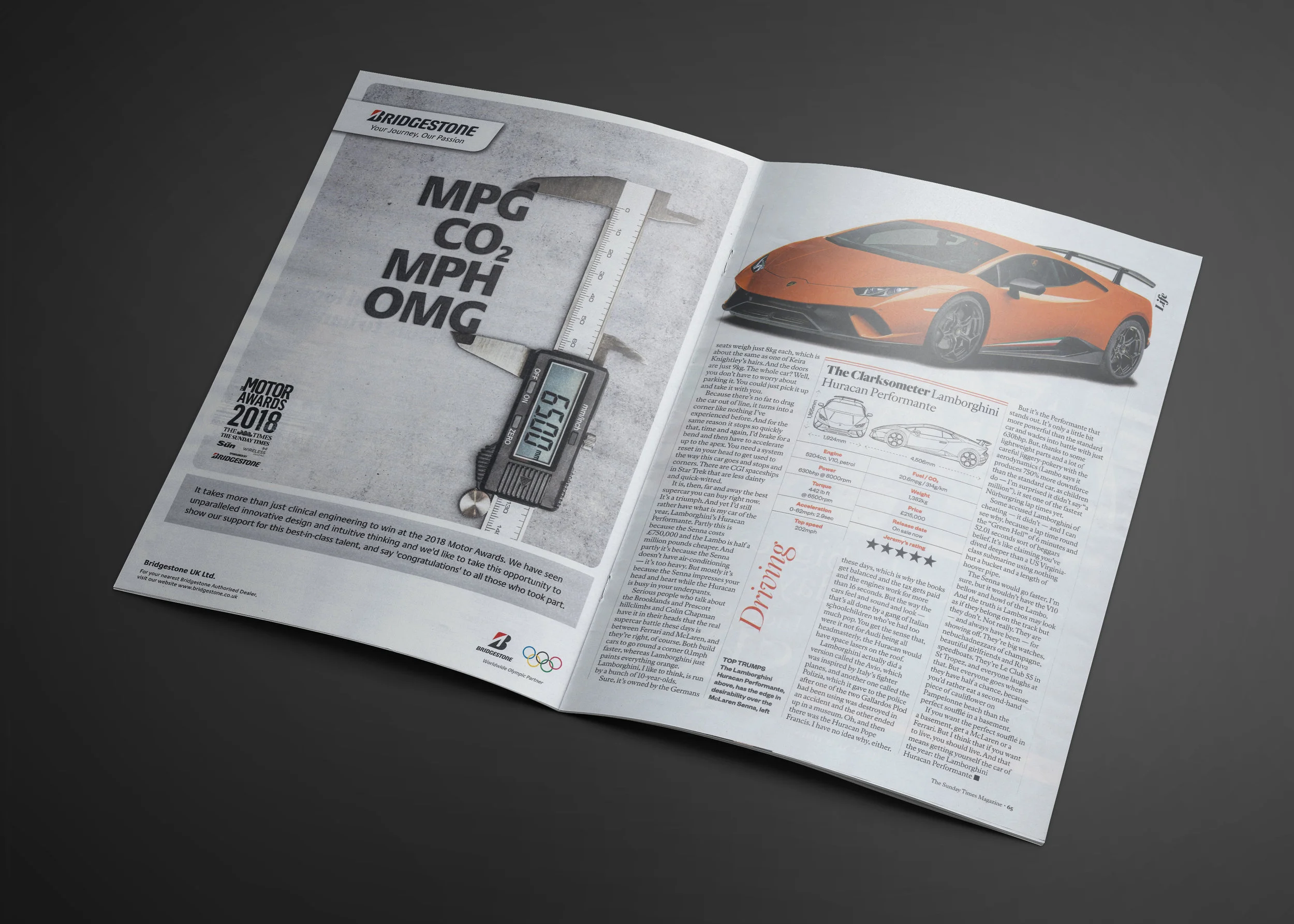 Press advertising. Concept. Design & Layout. Copywriting. This ad communicated Bridgestone’s sponsorship of The Sunday Times 2018 Motor Awards. The pithy, attention-grabbing headline and visual combination, underpins their technical excellence and attention to detail, without the need to show a tyre. Commissioned at Key Parker keyparker.co.uk