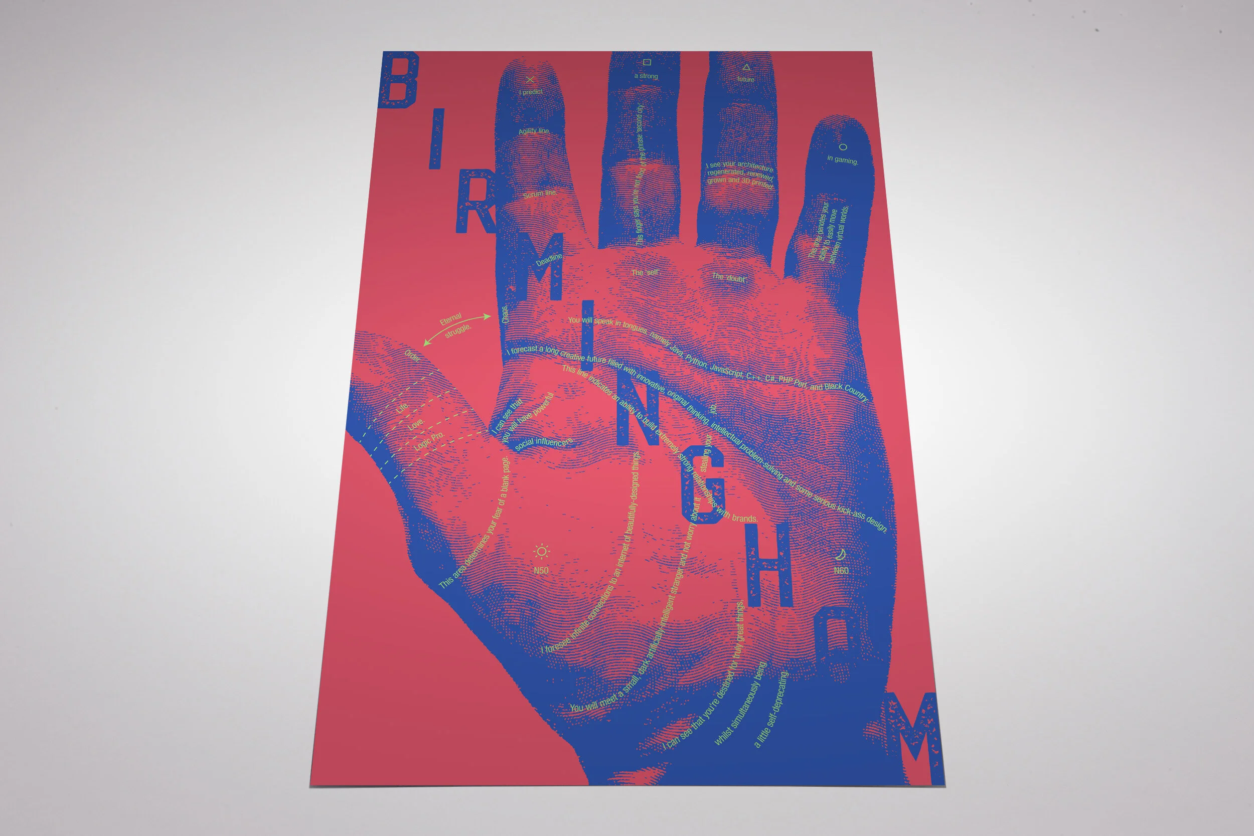   The BDF asked me to create a poster to help launch their inaugural festival, their brief being “How design will shape our future.”  I wondered what we’d see if the city had its palm read. This context, and its possible results, are what shaped my r