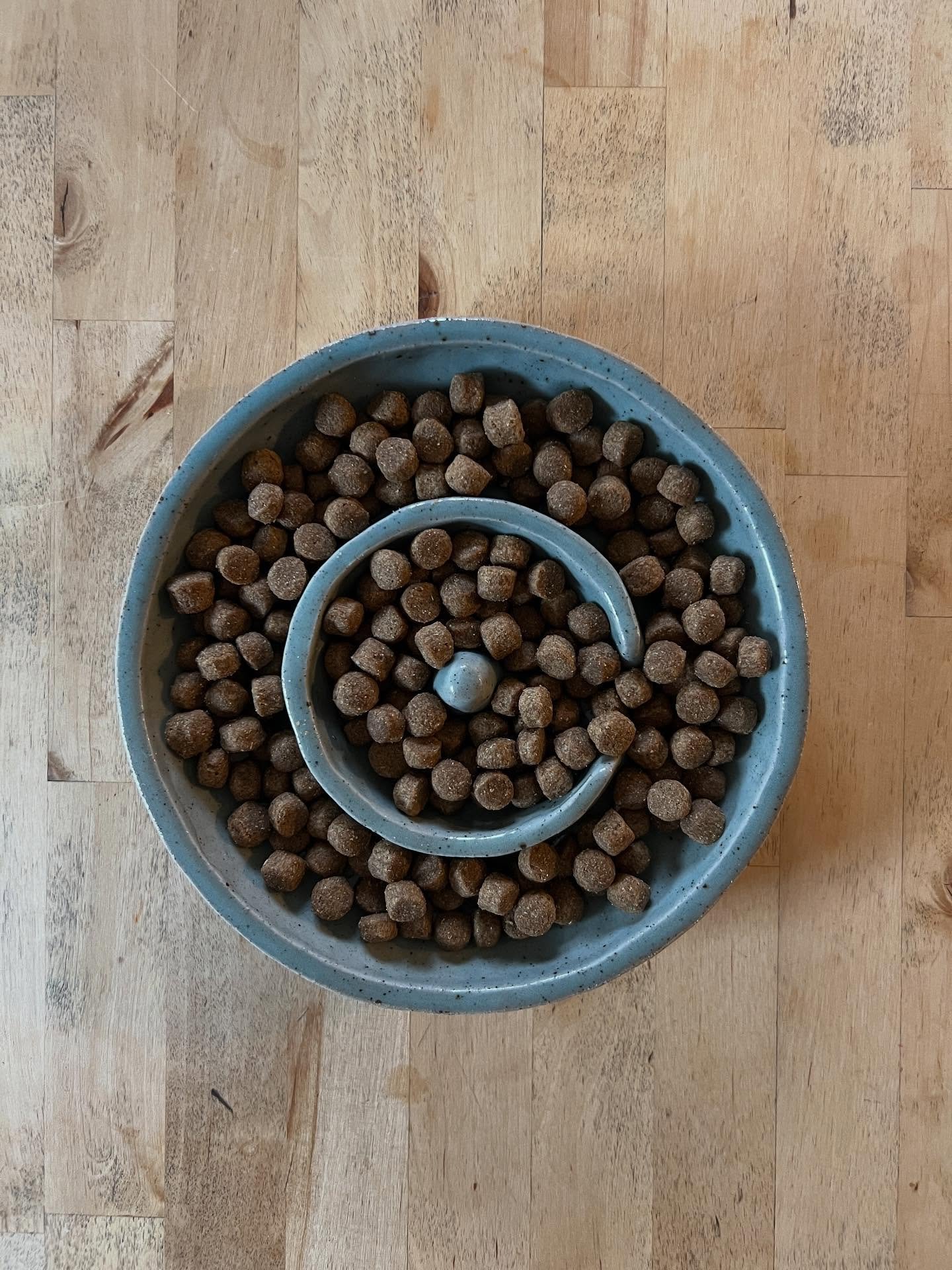 Dougie approved slow feed bowl. Kept it classic with cool celadon and a chunky but clean construction. This was dang fun to make and watching him use it makes my little heart soar. I started with a solid hunk of clay, think dense cheese wheel, then u