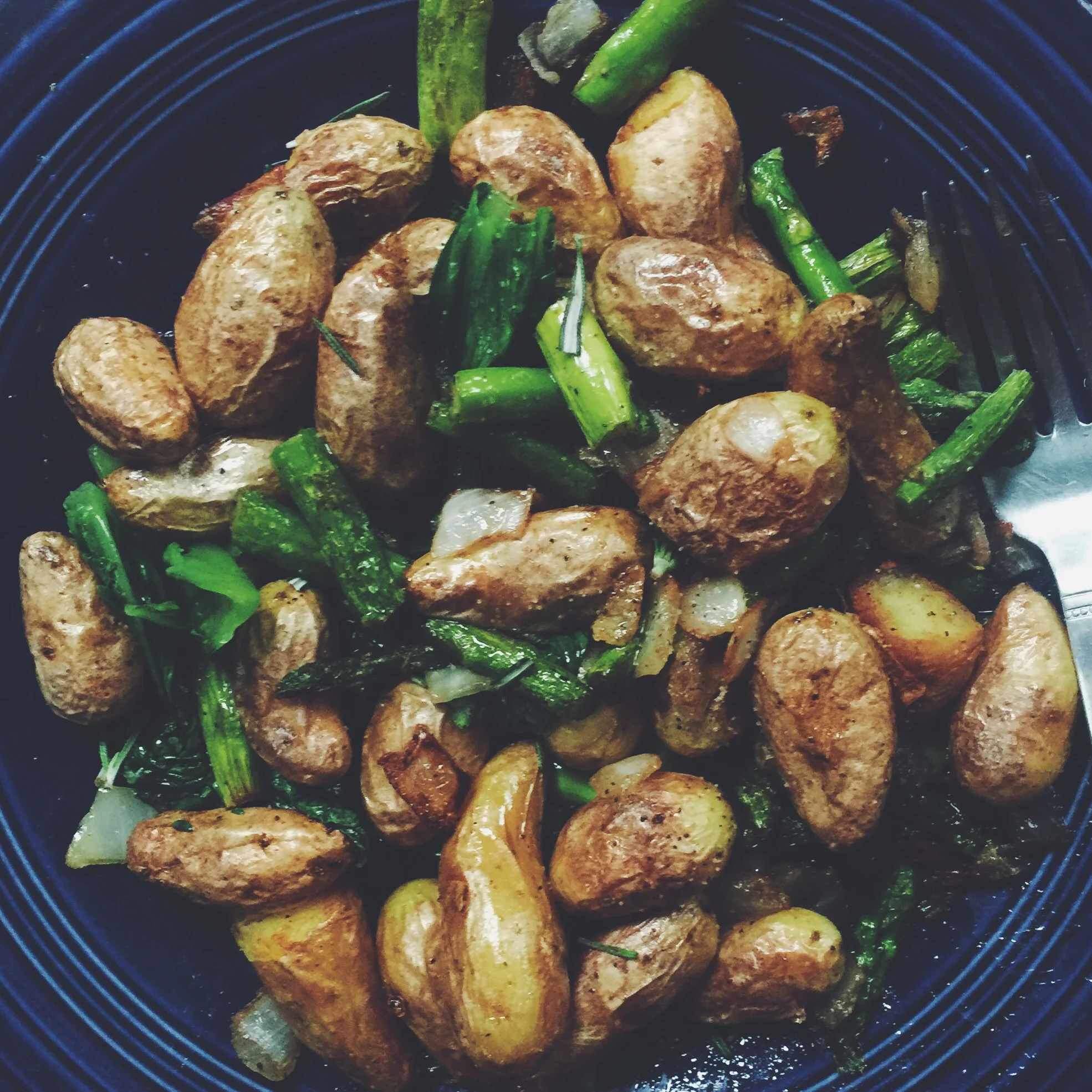 fingerling potatoes + romaine + asparagus + onion
