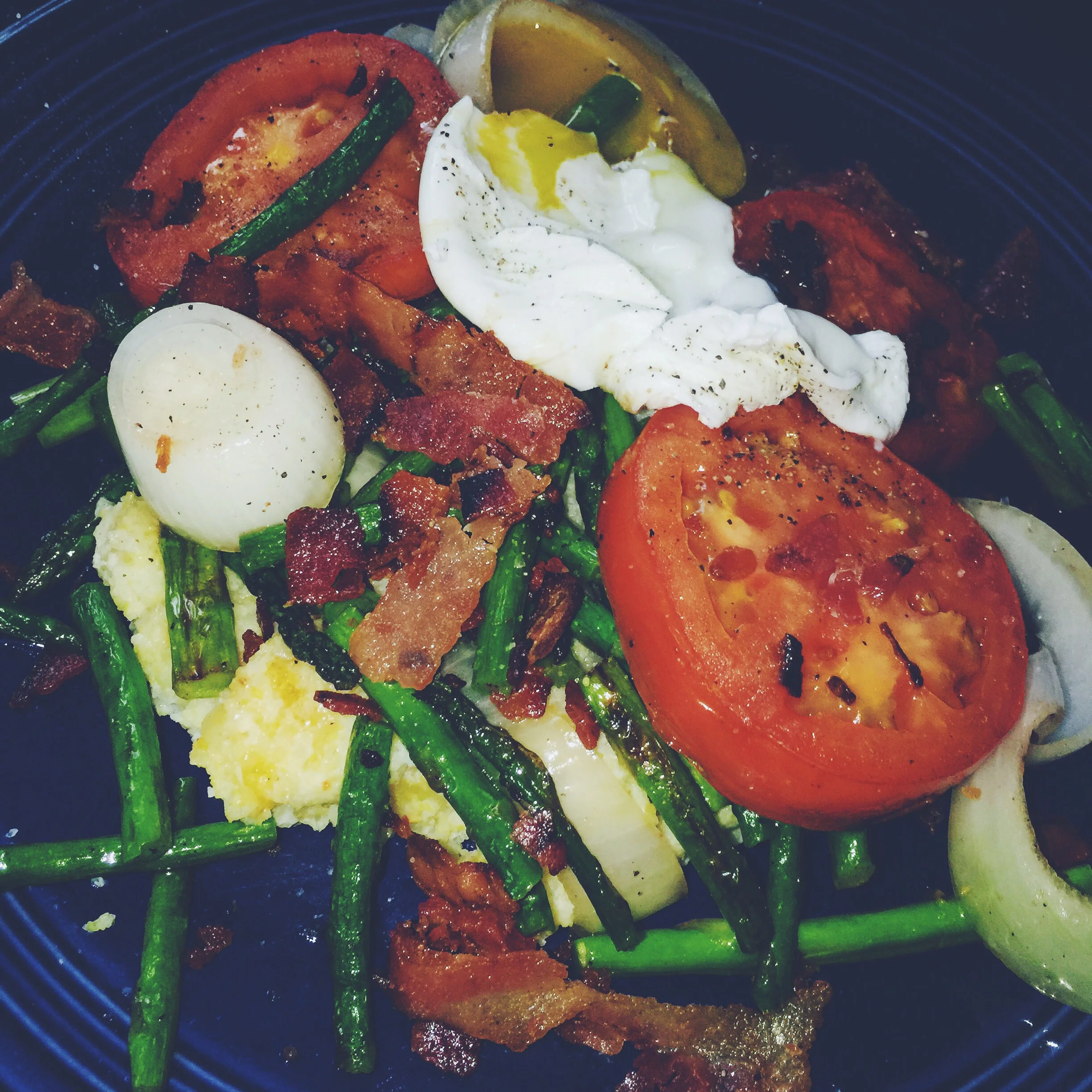 tangy polenta with veggies and runny egg