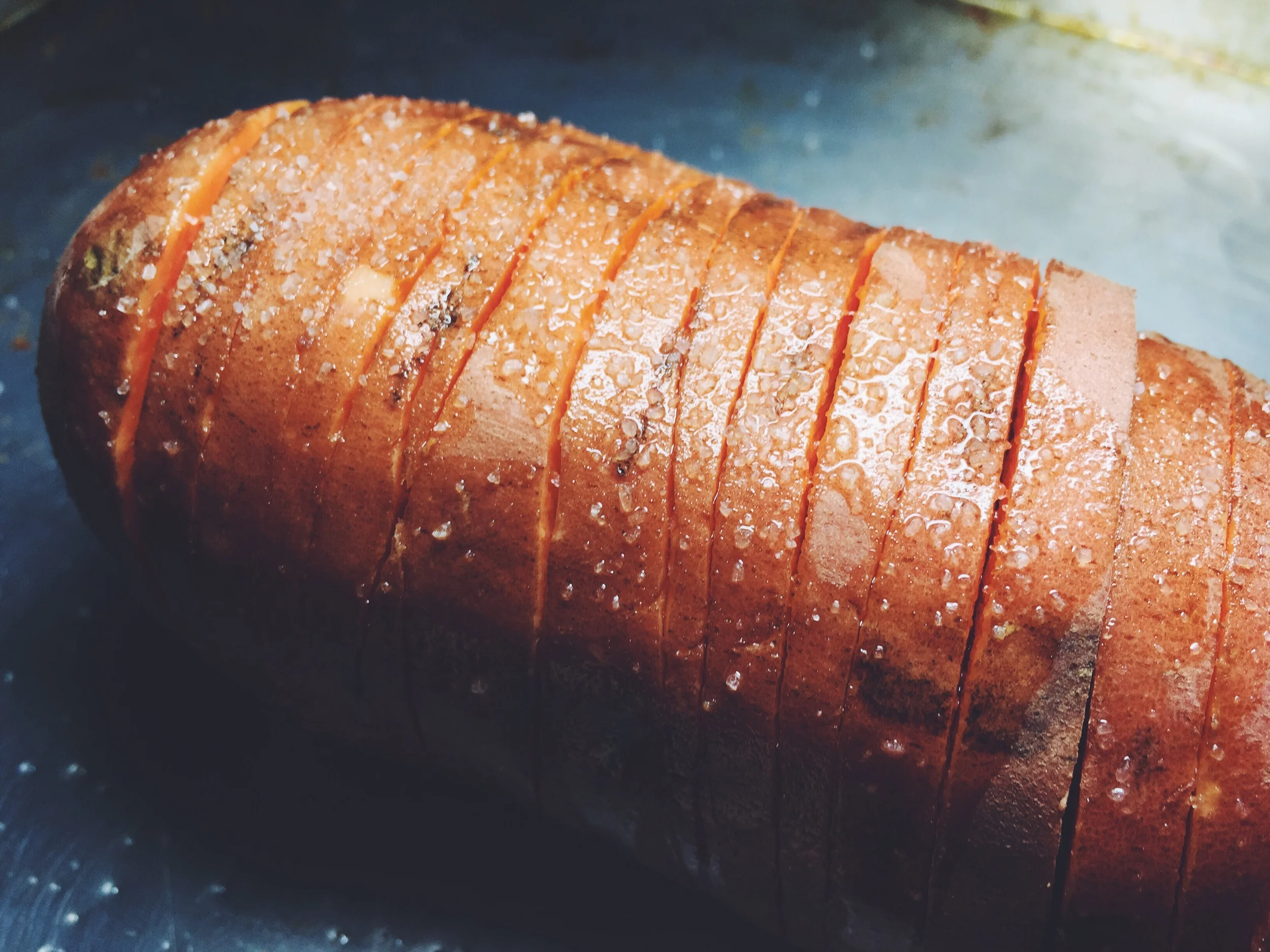 sliced hasselback sweet potato