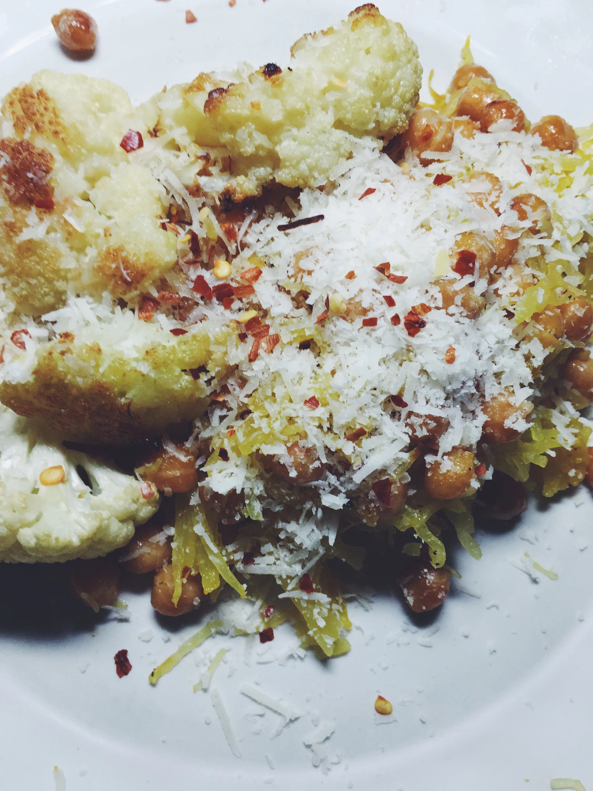 spaghetti squash + chickpeas + roasted cauliflower + parmigiano-reggiano