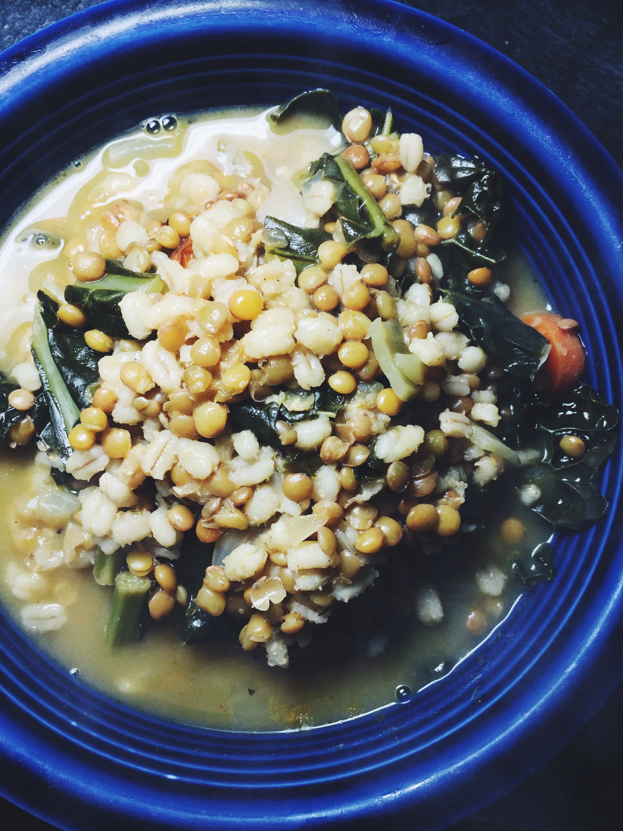 barley-lentil soup over sweet potato