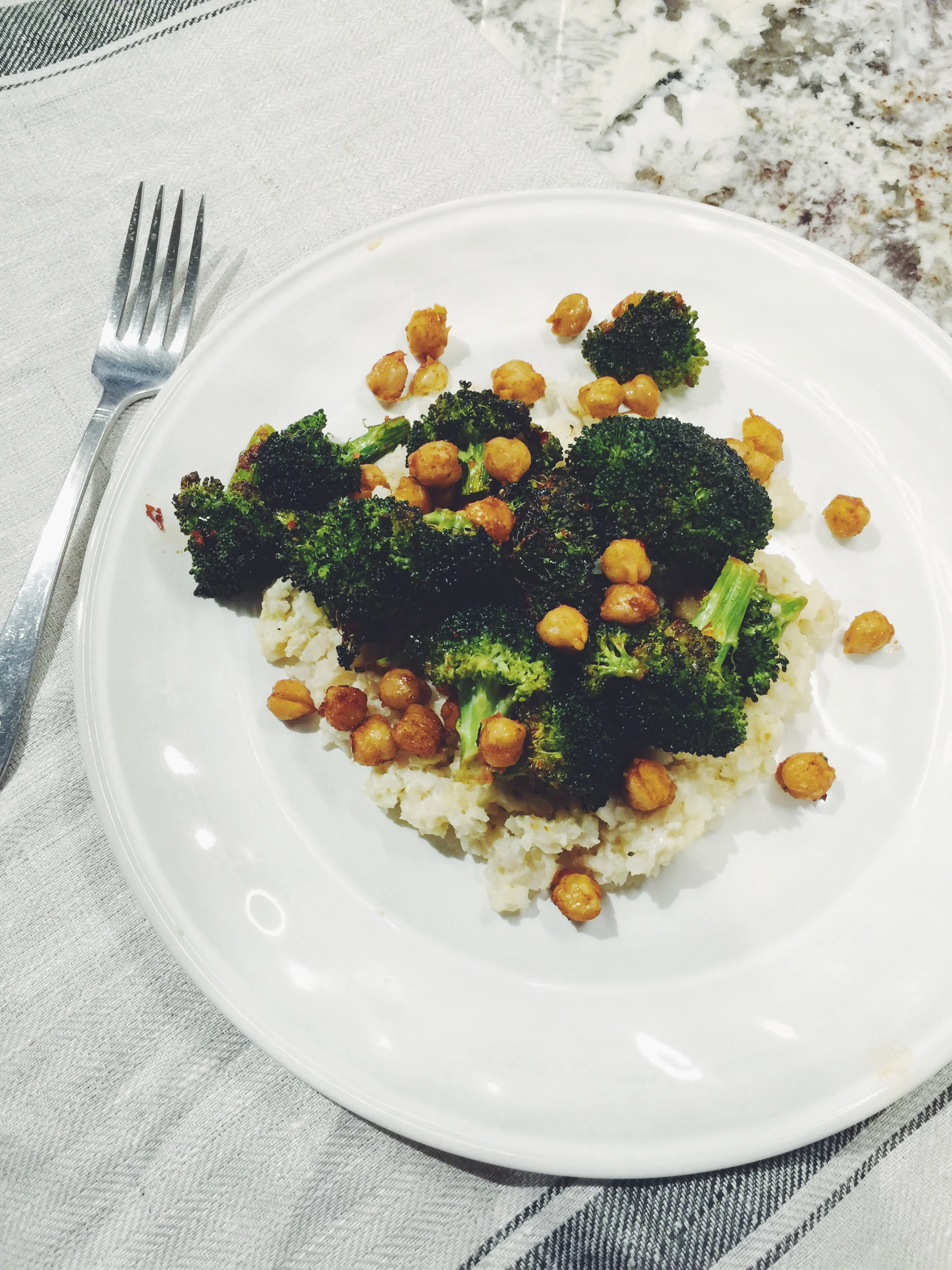 chili-glazed broccoli and chickpeas over cauliflower rice